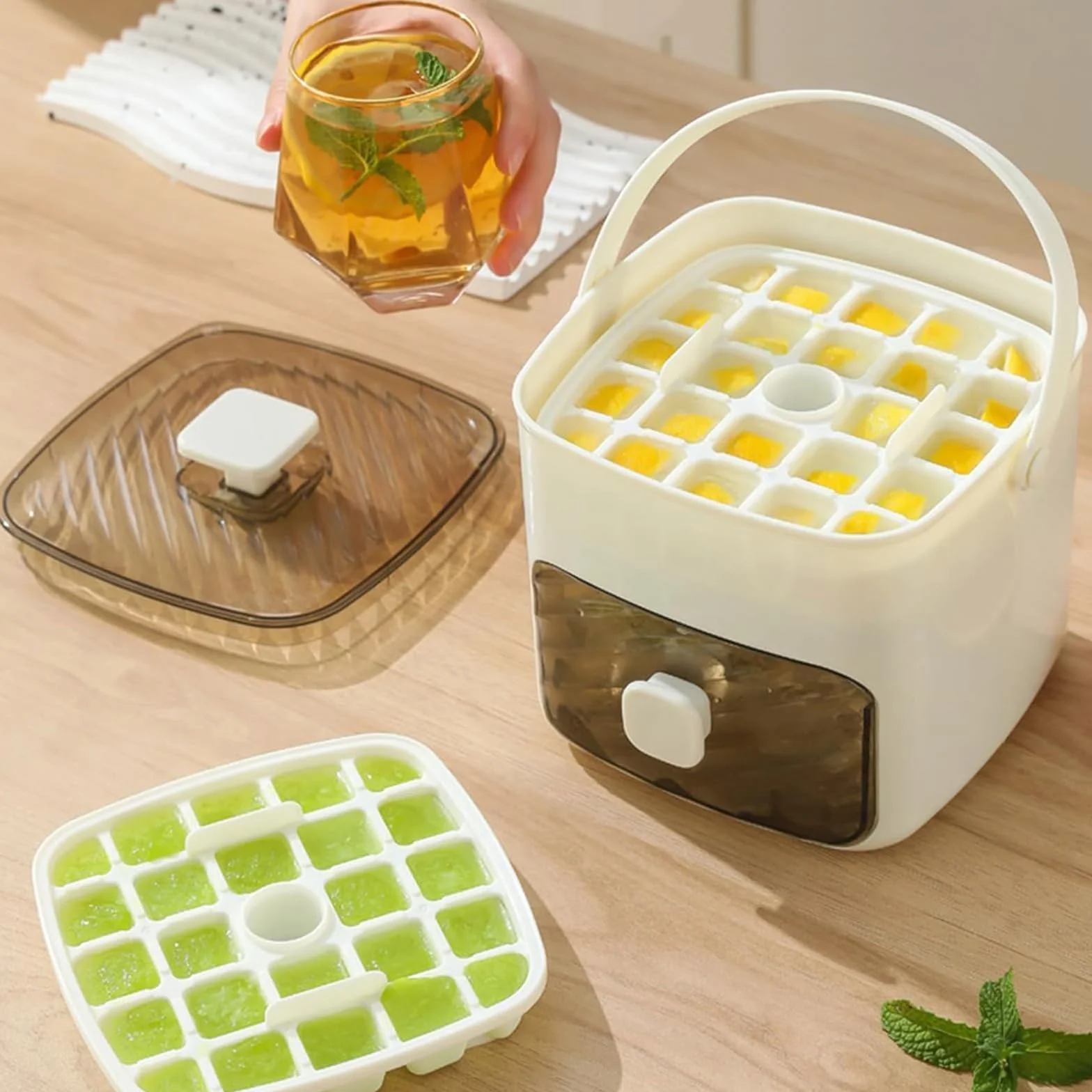 Máquina para Hacer Cubitos de Hielo Tipo Prensa, 48 Rejillas Reutilizables para Café, Cócteles y Jugos