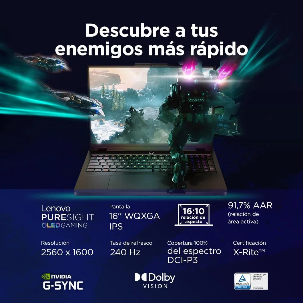 Lenovo Legion Pro 5 Gen10– Portátil Gaming IA 16" WQXGA (Intel Core i9-14900HX, NVIDIA GeForce RTX 5070, 32GB RAM, 1TB SSD, 240Hz, WiFi 6, Sin Sistema Operativo) QWERTY RGB 24 Zonas Español – Negro