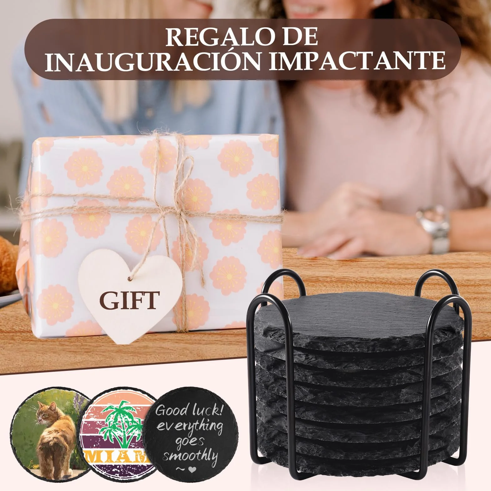 Portavasos De Pizarra con Soporte Metálico Set de 8 Unidades Redondos 4 Pulgadas