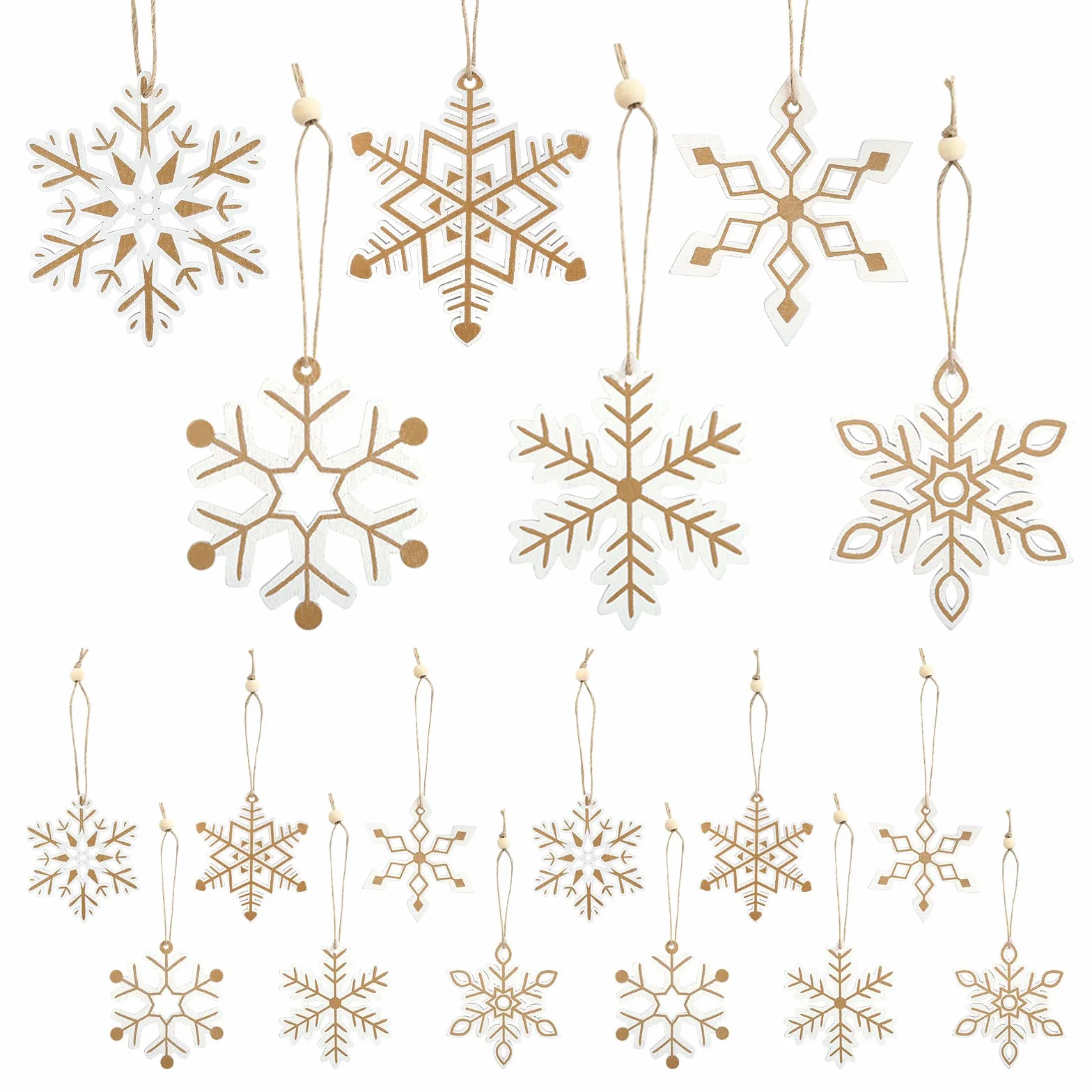 LEMESO 24 Colgantes de Madera Navidad Copo de Nieve Blanco Oro Decoraciones para Árboles