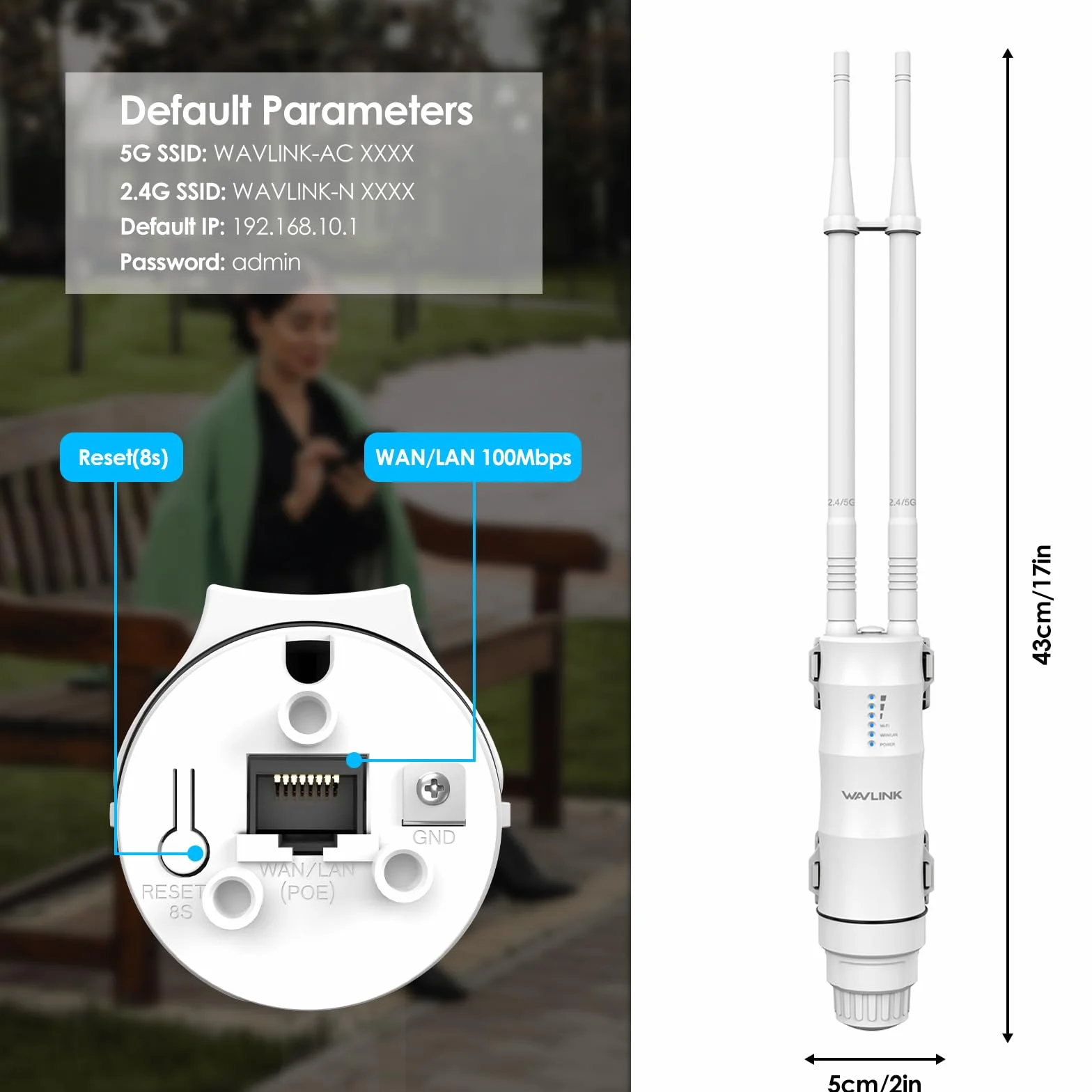 Repetidor WiFi Potente Exterior para Larga Distancia WAVLINK AC1200, Amplificador de Señal WiFi Exterior Doble Banda 2.4G + 5G, Outdoor WiFi Router Extender Access Point, Soporte PoE