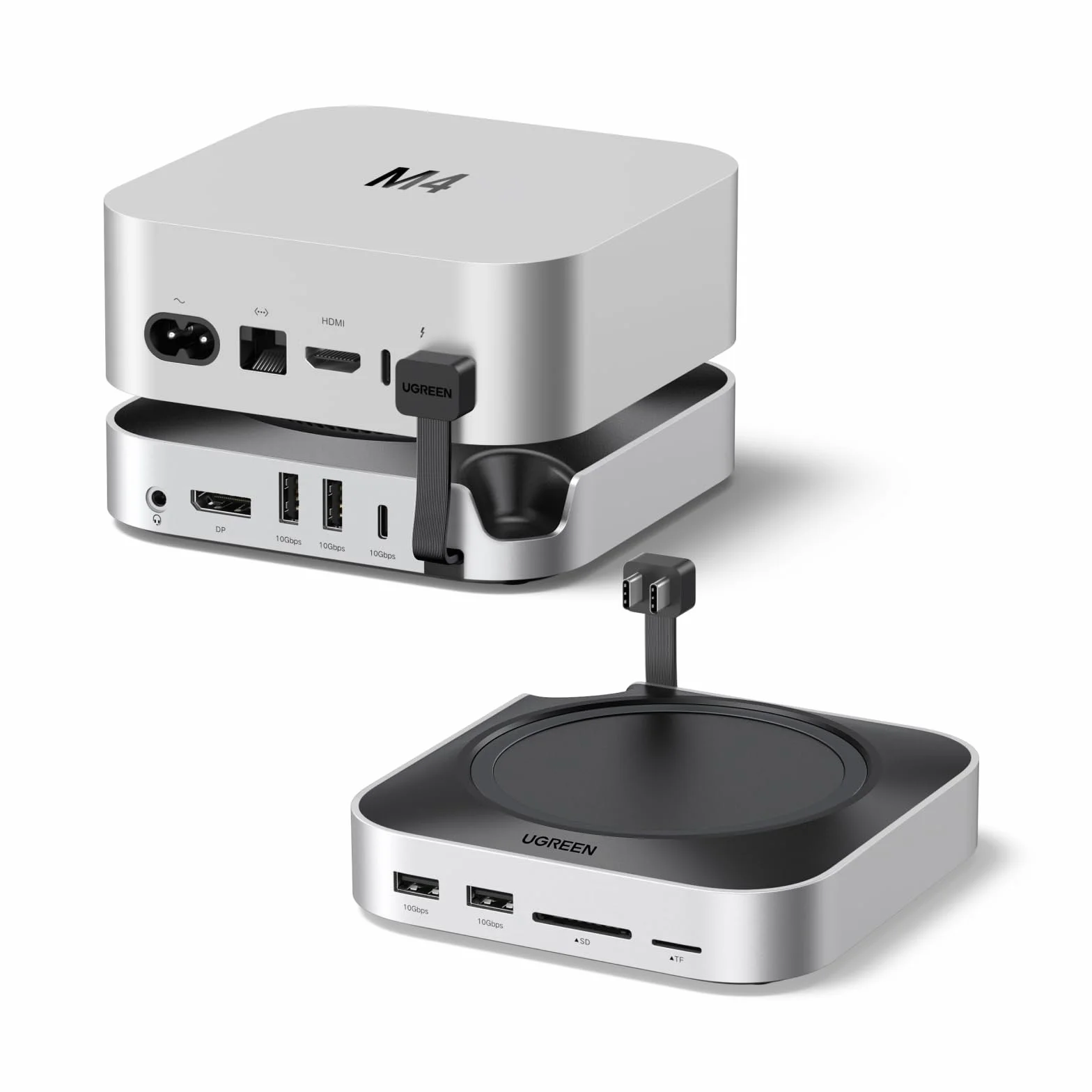UGREEN Docking Station Hub USB C y Soporte para Mac Mini M4 et M4 Pro | 10 en 2, con Carcasa M.2 NVME SSD, DisplayPort 4K 240Hz 144Hz, 5 Puertos 10Gbps Rápida, Lector de Tarjetas TF SD, 3.5mm Aux