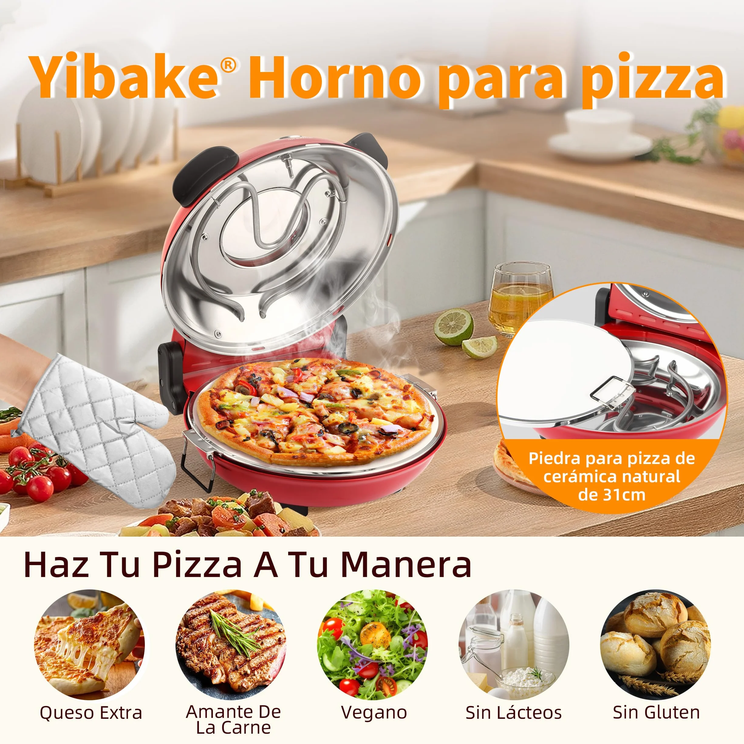 Horno Pizza Eléctrico 4 Minutos, Piedra Refractaria Desmontable, 420℃, Ventana Visualización, Rojo