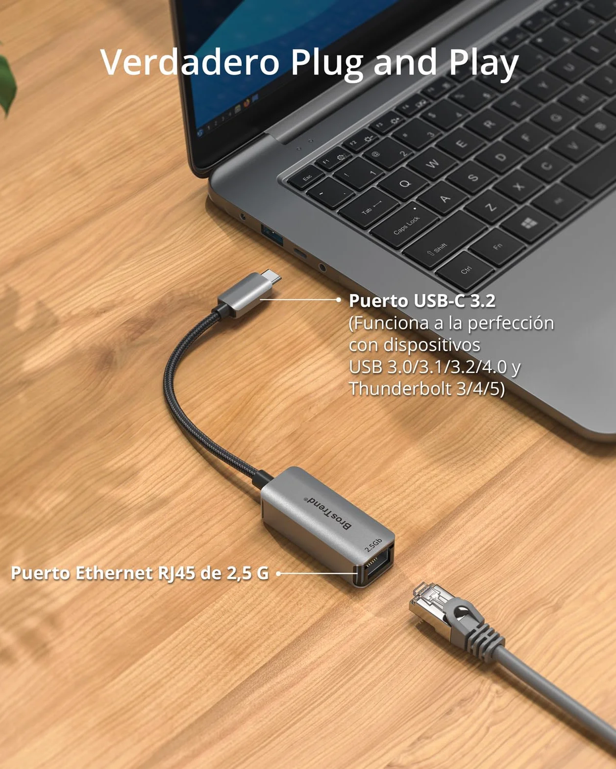 BrosTrend 2.5Gb Adaptador USB C a Ethernet Plug & Play, Aluminio Adaptador RJ45 USB C para PC MacBook Pro/Air iPad (Thunderbolt 3/4/5), Compatible con Windows MacOS Linux ChromeOS, Vida ÚTI Protección