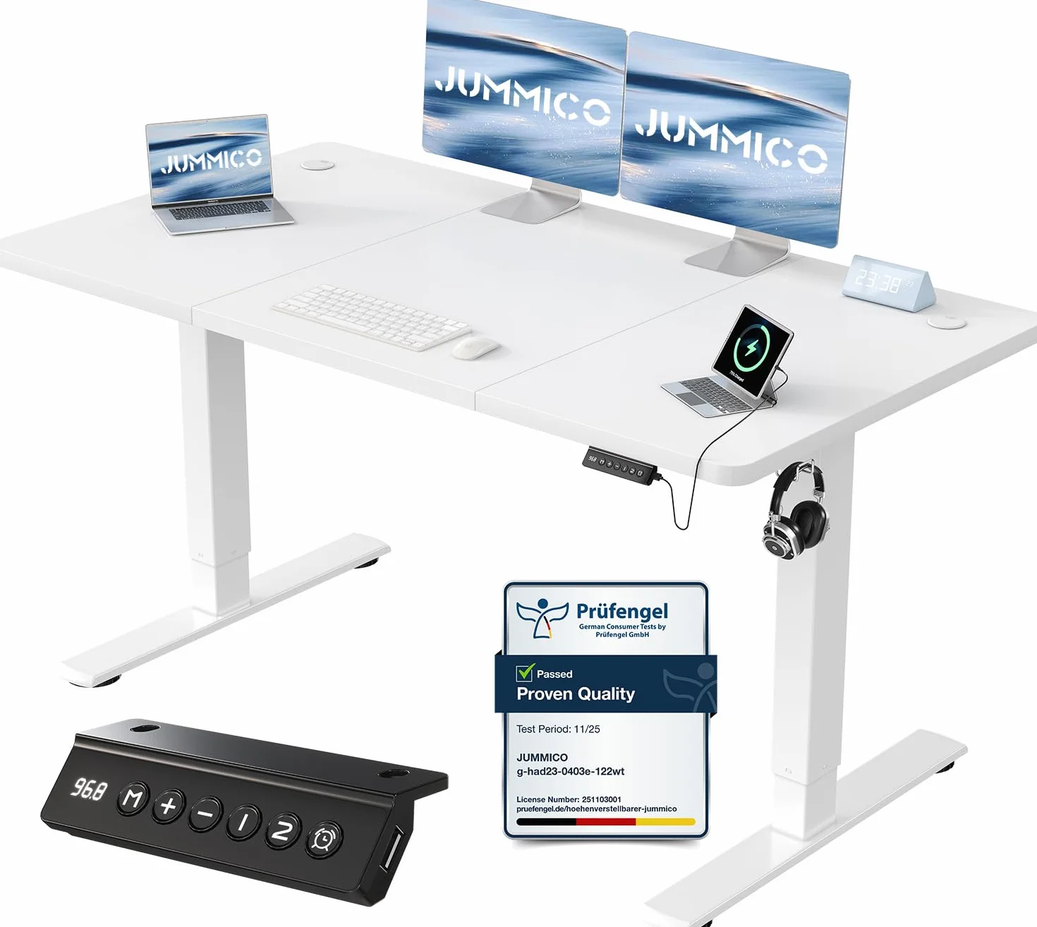 JUMMICO Escritorio Elevable Eléctrico con Cargador USB, Escritorio Regulable en Altura Ergonomica Escritorio de pie Ajustable Smart Panel con Funciones de Memoria, Standing Desk (Blanco, 140 * 60cm)