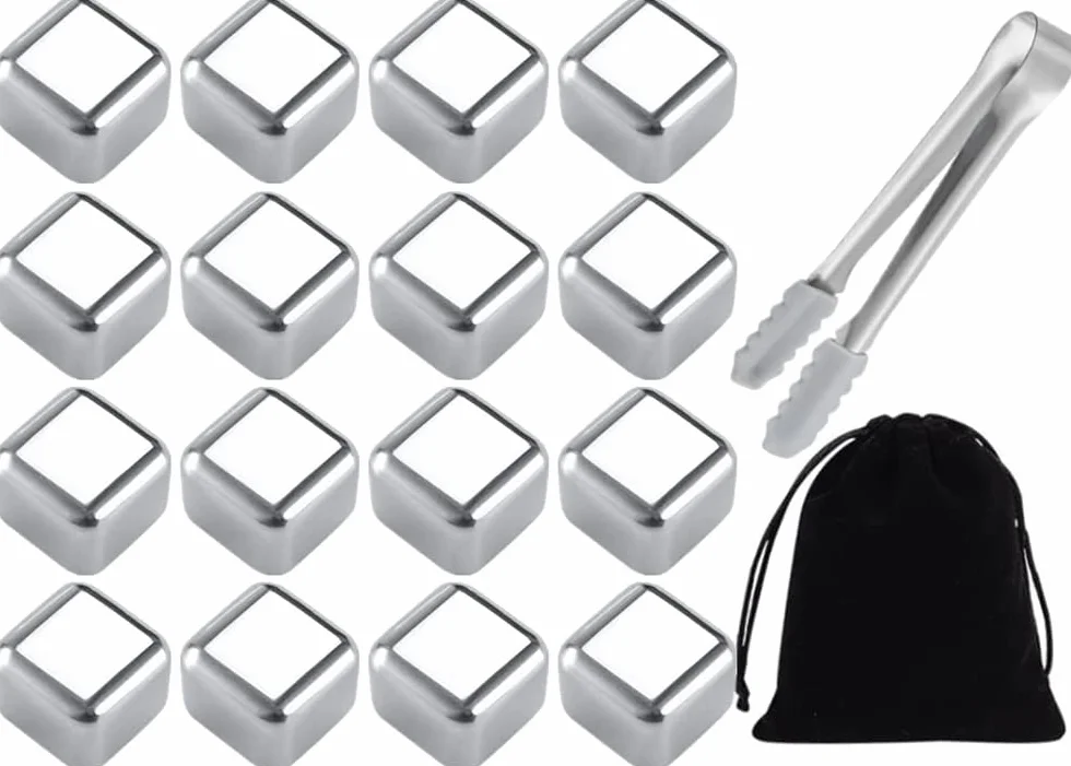 Cubos de Hielo Reutilizables de Acero Inoxidable, Juego de Cubitos con Pinzas y Bolsa, para Whisky y Cócteles