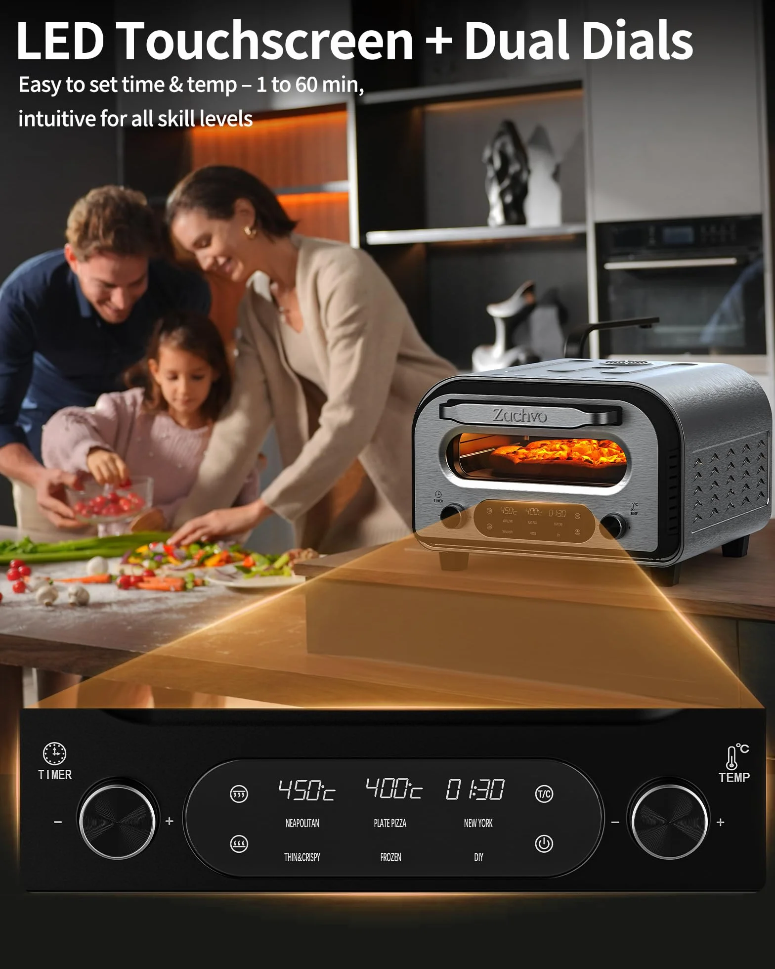 Horno Eléctrico para Pizza 450°C 5 Programas Temporizador 1-60 min Pantalla Táctil Acero Inoxidable