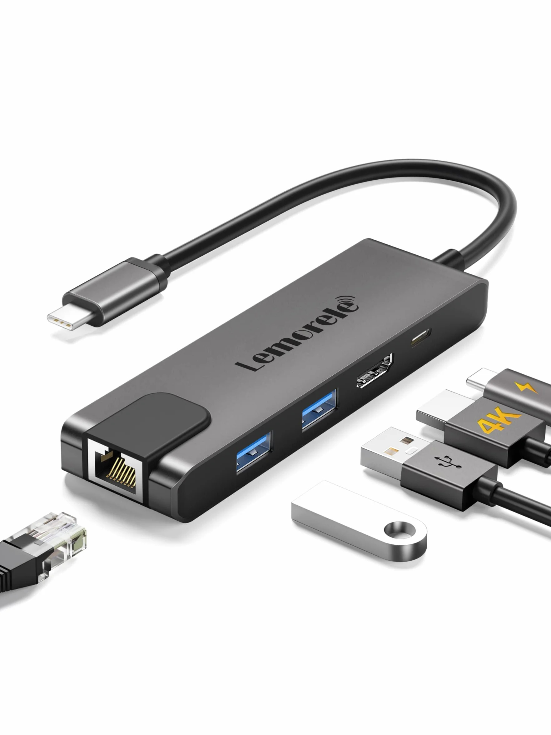 Lemorele Hub USB C con Gigabit, adattatore USB C 5 in 1 a RJ45 Ethernet 1000Mbps, 4K HDMI, 2 USB 3.0, 100W PD, per SteamDeck, MacBook Pro/Air, iPad, ChromeBook Pixel, Matebook, PC Tablet Type-C