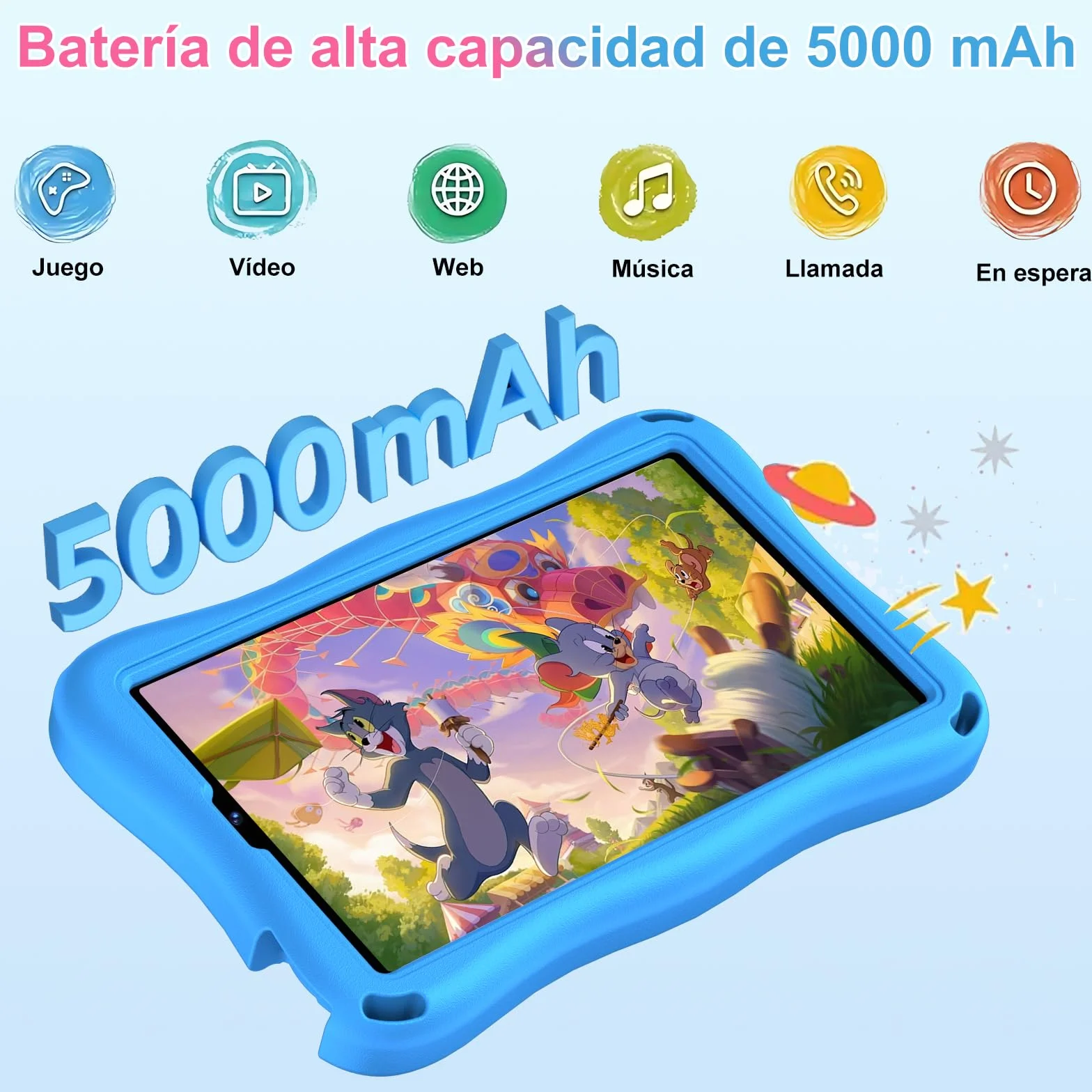 Tablet para niños 9 pulgadas Android 15 12 GB RAM 1 TB TF 5G WiFi Widevine L1 Octa-Core 5000 mAh control parental funda Eva Azul
