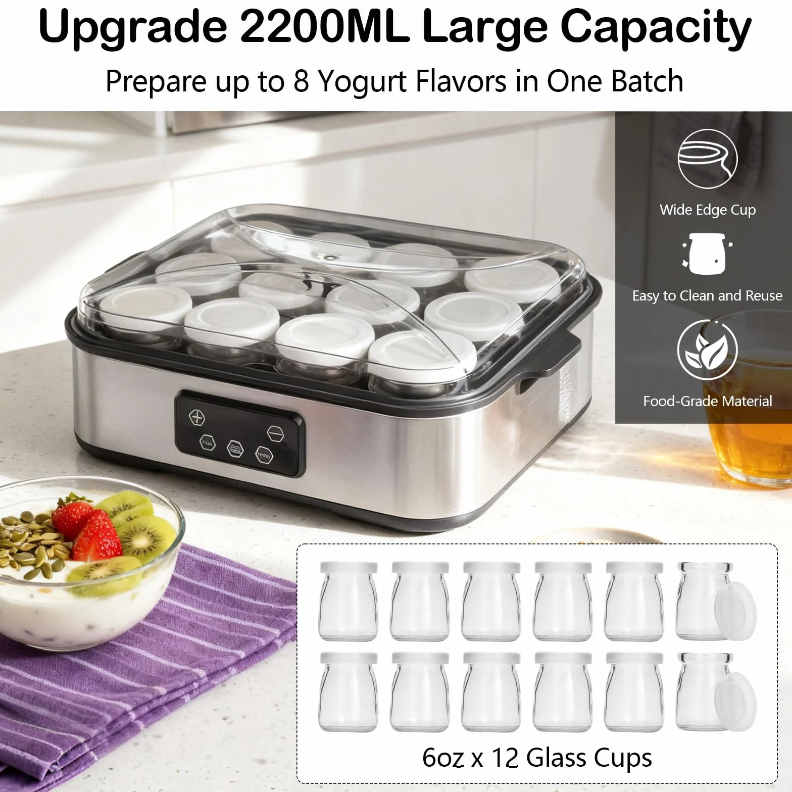 Yogurtera Digital 2,2 L, Máquina para Hacer Yogur con Tarros, Temperatura Constante 20-55 °C, 12 × 180 ml