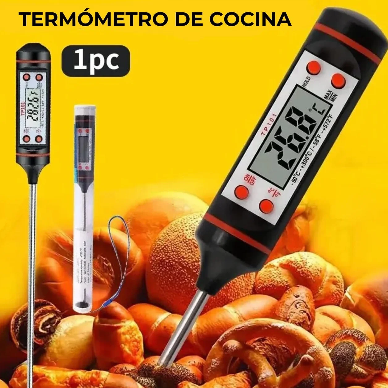 Termómetro Digital Cocina Alimentos Líquidos Aceite Carne Barbacoa Medición Rápida Alta Precisión Pantalla LCD Sonda Acero Inoxidable Apagado Automático Negro