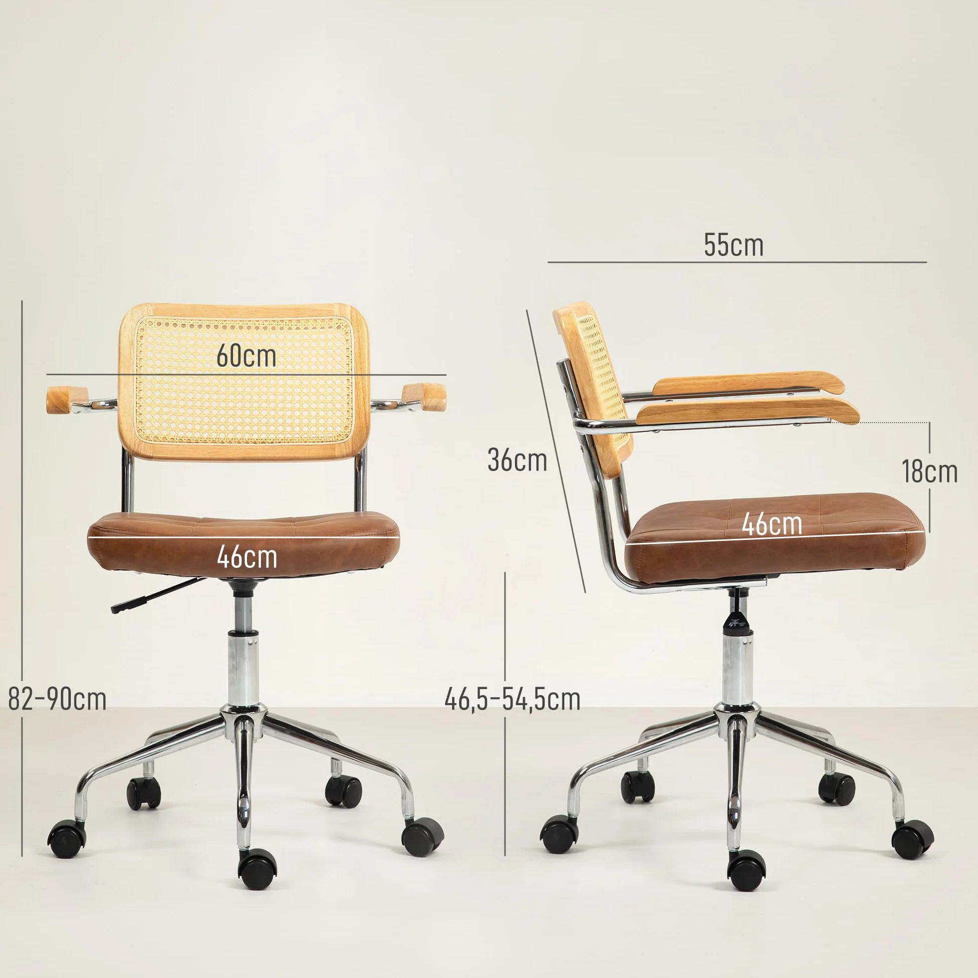 HOMCOM Silla de Oficina Giratoria con Respaldo de Ratán Sintético, Altura Regulable, Carga 120 kg, 60x55,5x82-90 cm, Marrón