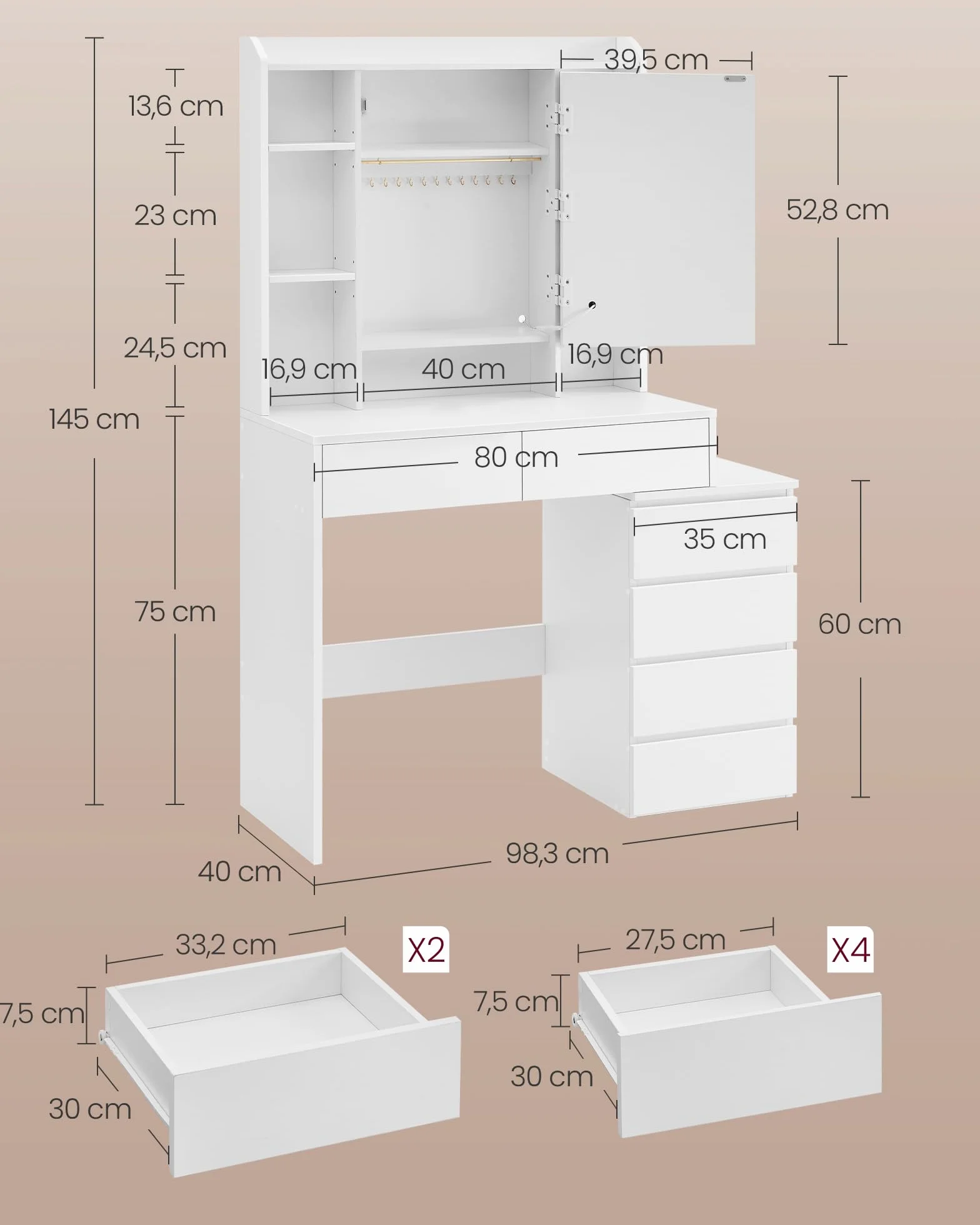 VASAGLE Kailyn Colección Tocador con Luces LED Mesa de Maquillaje con Espejo 40 x 97,5 x 145 cm Blanco Nube