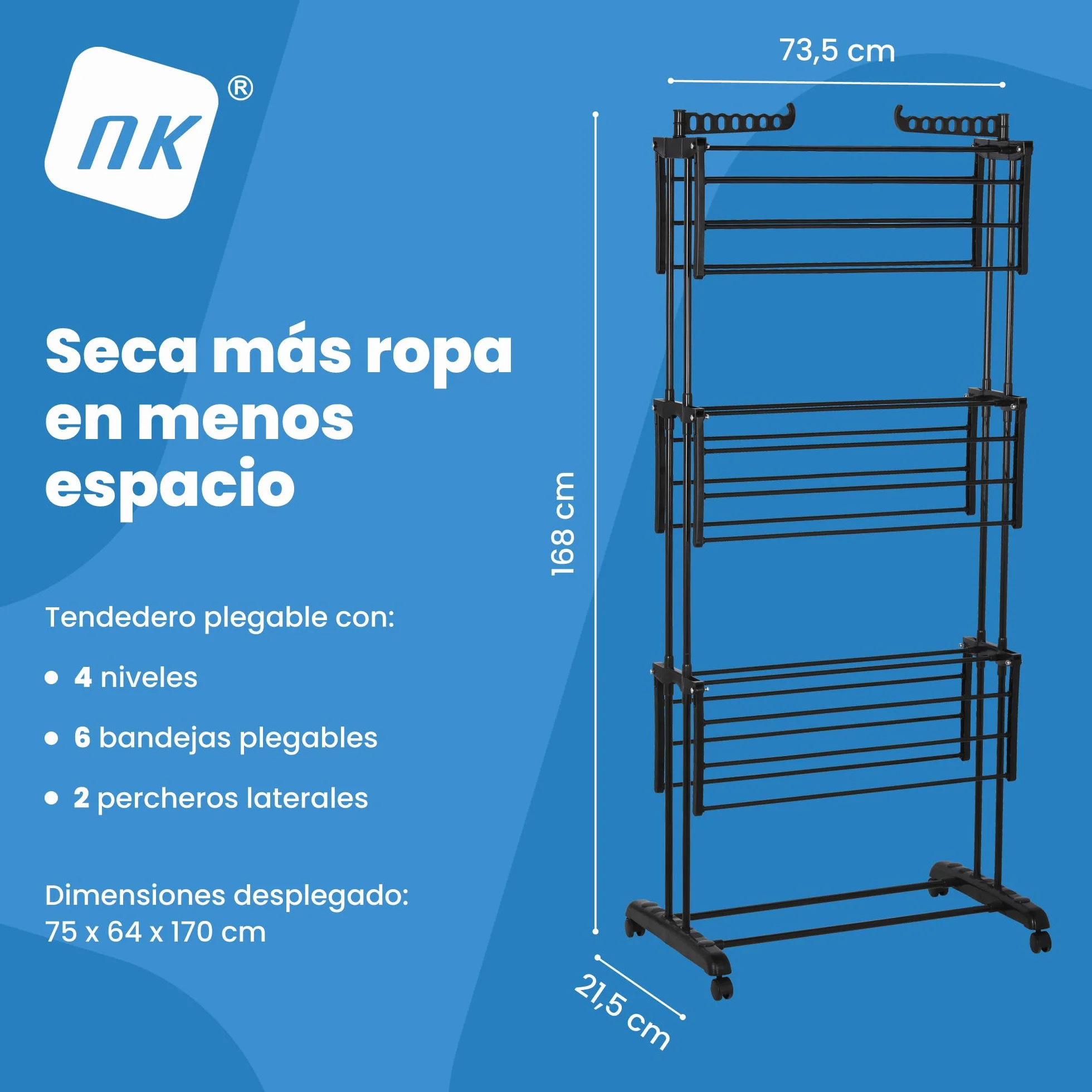NK Tendedero Vertical Plegable 4 Niveles 6 Bandejas Retráctiles 2 Alas Laterales Zapatero Ruedas 360° Negro