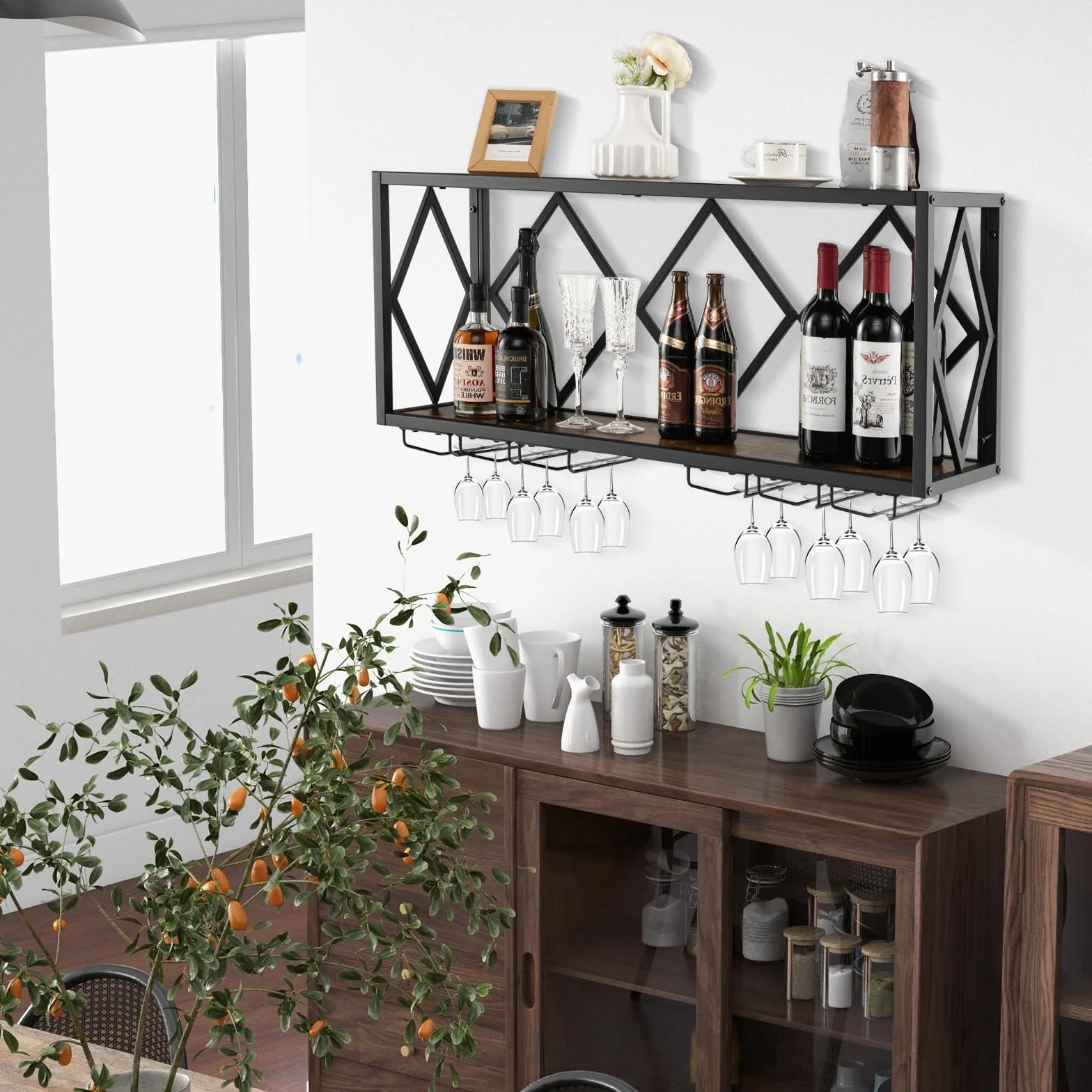 KOMFOTTEU Botellero de Pared Estante de Vino Decorativo con Portavasos para Copas 20 kg Carga por Capa 100 x 25 x 45 cm
