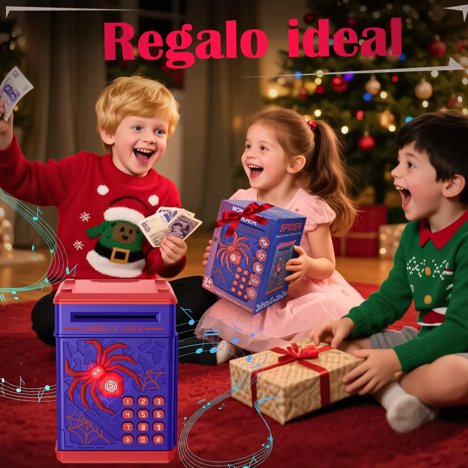 Yellcetoy Hucha Electrónica para Niños, Spider Caja Fuerte con Código de Seguridad y Música, Regalos 3-7+ Años Azul