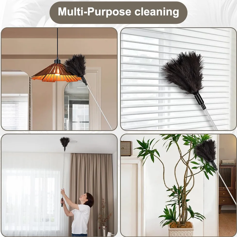 Vicloon Plumero de Plumas de Avestruz Duster Atrapapolvo 38-85cm Extensible Ajustable Lavable Mango de Acero Inoxidable