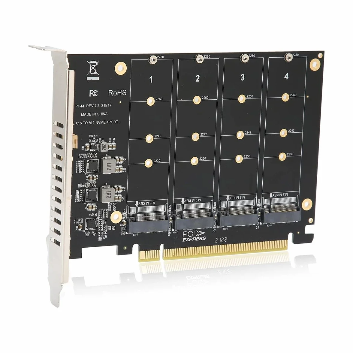 Sarini Tarjeta de expansión de Controlador de Host NVMe a PCI-e de 4 Puertos, Compatible con 2230 2242 2260 2280, Adaptador M.2 NVME a PCIe X16 (Negro)