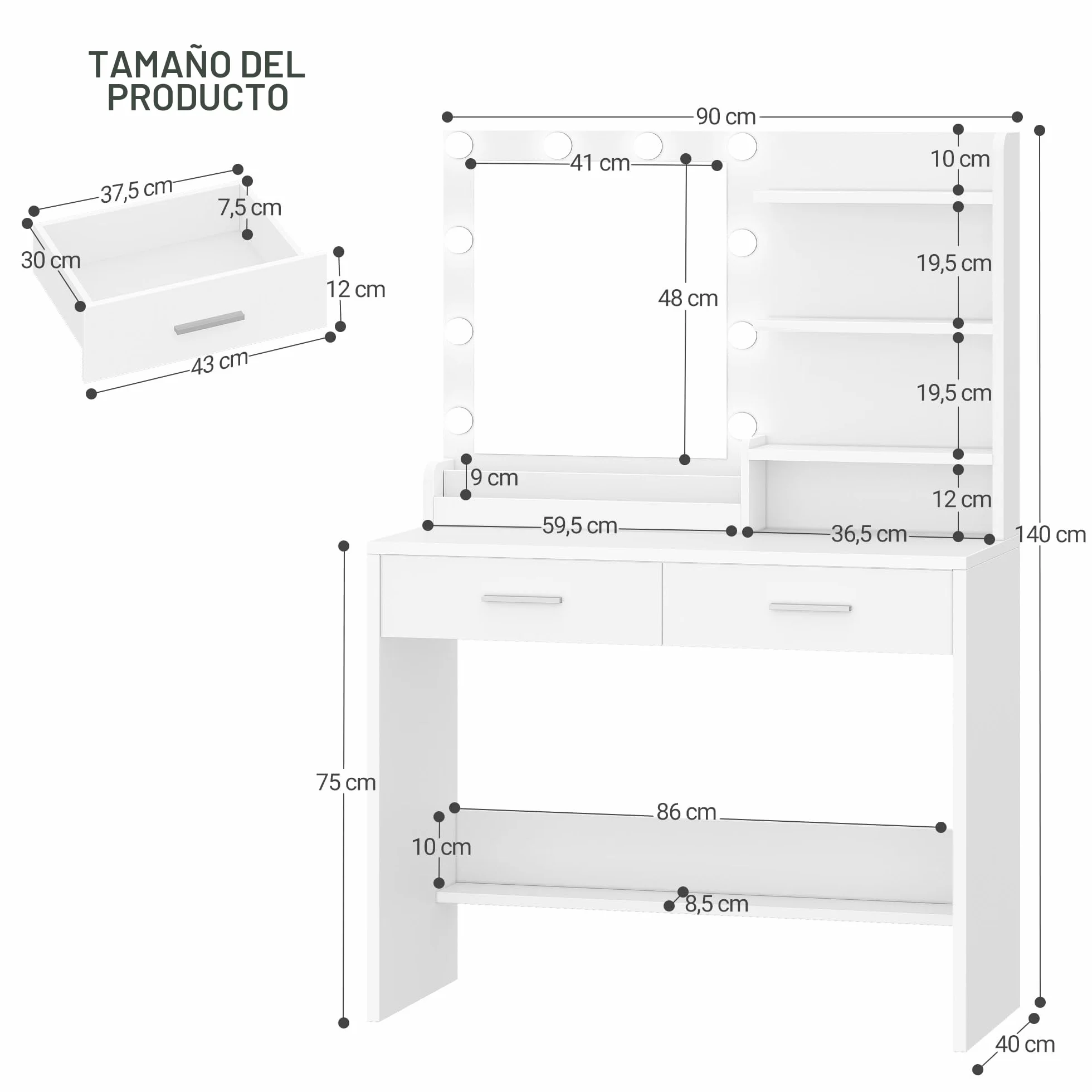 Hzuaneri 90 cm Tocador con Espejo, Maquillaje con Luz, 3 Brillo Ajustable, 2 Cajones, 4 Estantes, 2 Compartimentos, Moderno, Blanco