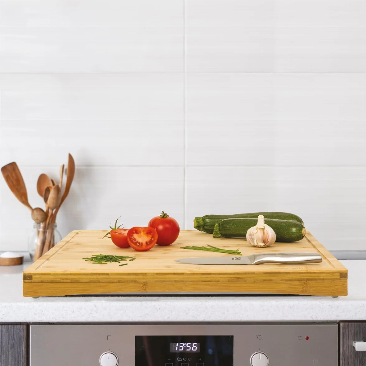Funda de bambú 3 en 1 para placa de cocina 52x58 cm - Tabla de cortar, protector antiadherente