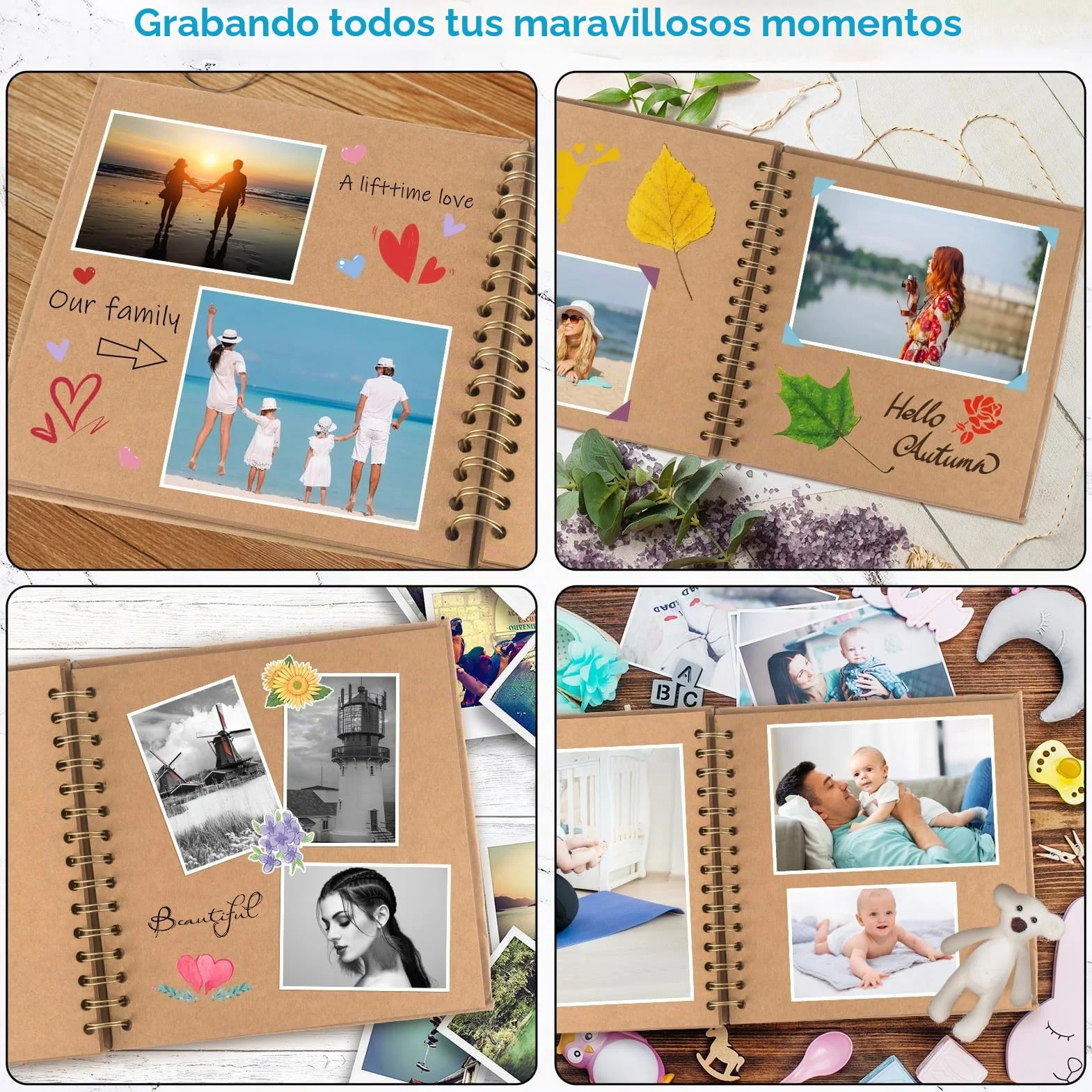 Álbum de Fotos 21x21cm Scrapbook Espiral 40 Páginas DIY Caqui