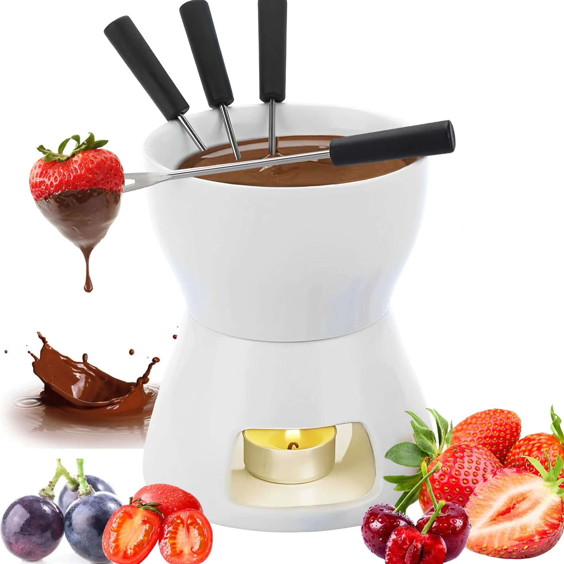 Set de Fondue de Queso y Chocolate, Set Completo de Fondue de Queso con Vela y 4 Tenedores, Mini Fondue Pot Taza de Fondue de Chocolate de Porcelana, para Casa,Blanco