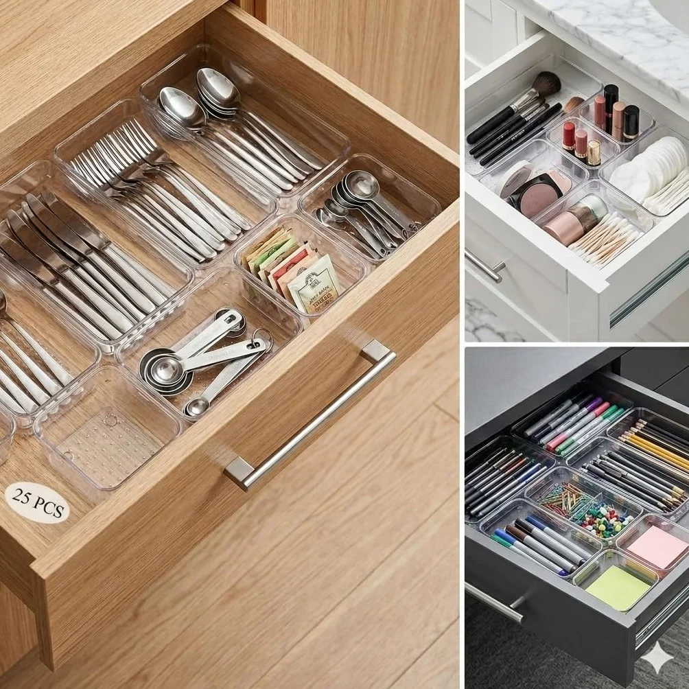 Organizador de Cajones 25 Piezas - Set de Organizadores Transparentes Apilables de Plástico Resistente Antideslizante para Cocina y Baño