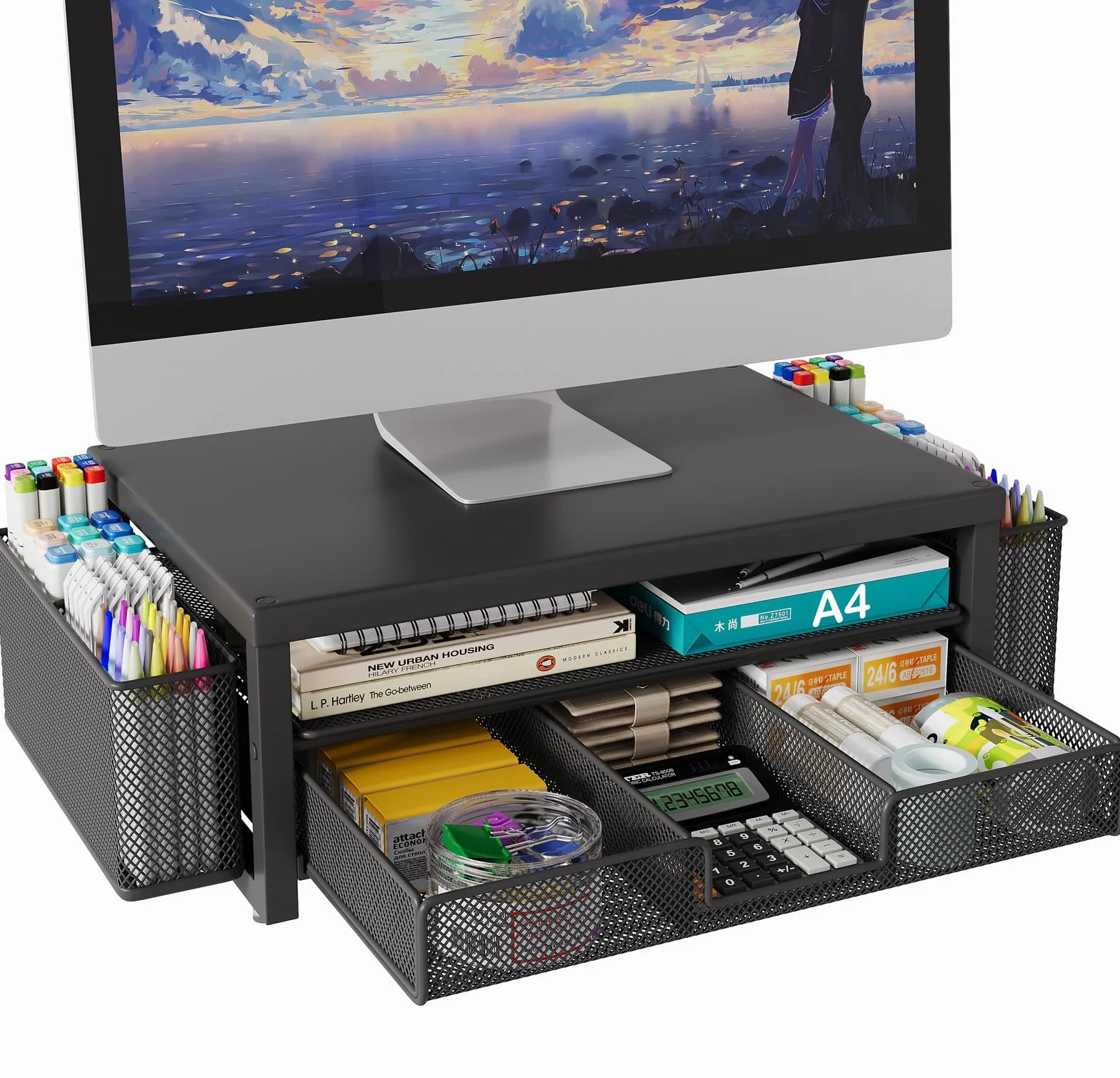 Metal Soporte Monitor Escritorio Organizador con Cajón y 2 Portalapices, Elevador Monitor Stand Escritorio, Artículos de Oficina Accesorios(Negro)