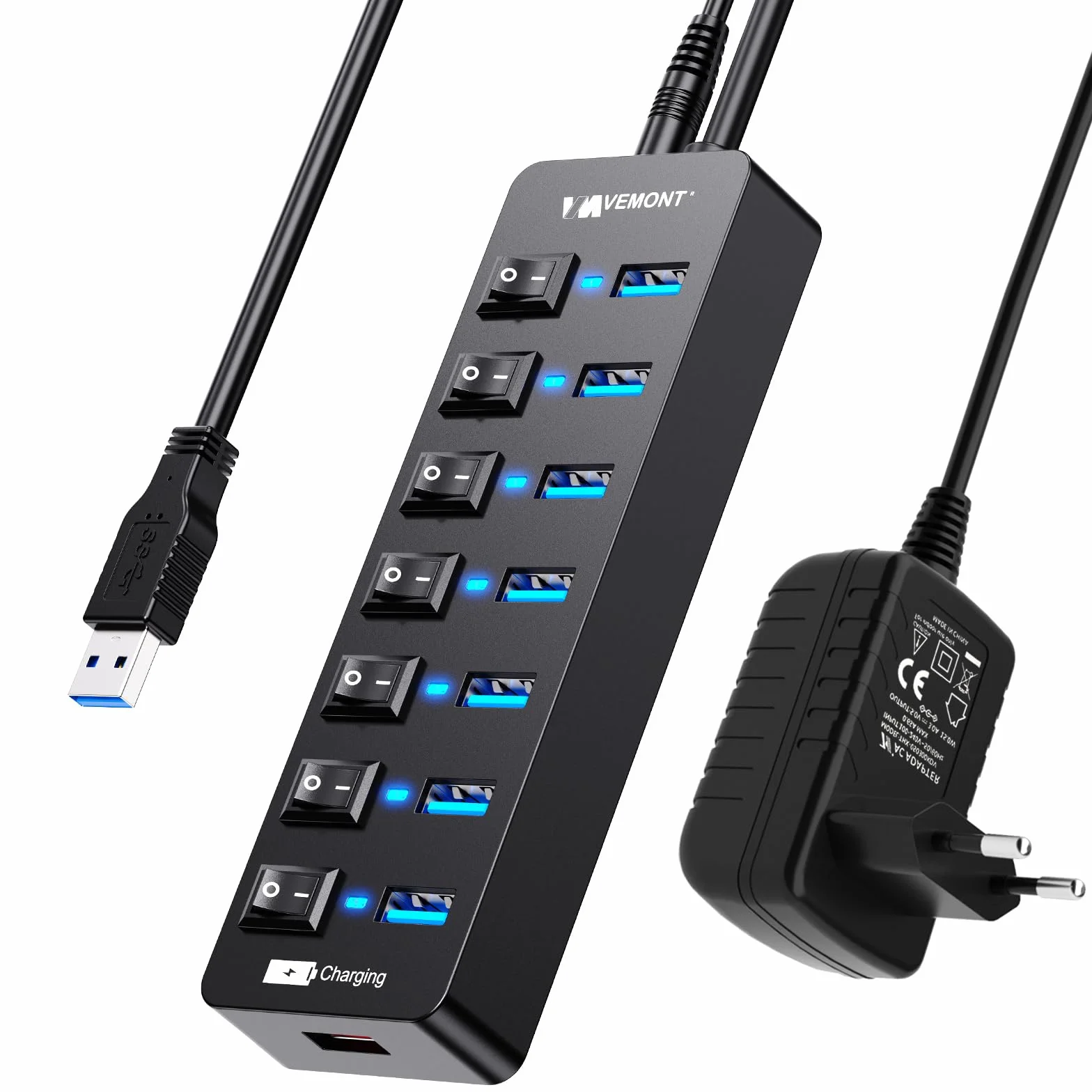 VEMONT - Hub USB Activo 3.0 con Fuente de alimentación, Distribuidor USB de 7 Puertos y 1 Carga Inteligente con 5 V/3 A, Divisor con Interruptor Individual y Cable de 1,2 m de Largo para PC/Ordenador