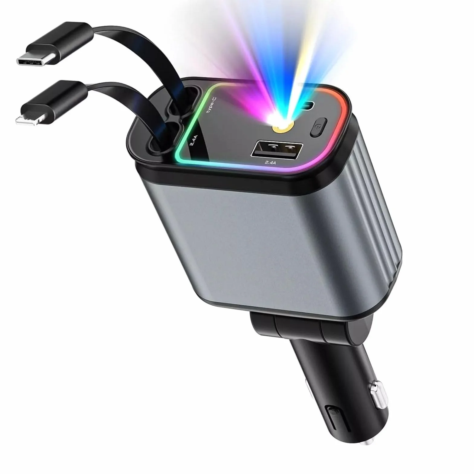 Cargador de coche USB C retráctil 4 en 1 con luz de cielo estrellado, adaptador de carga rápida y puertos de carga duales
