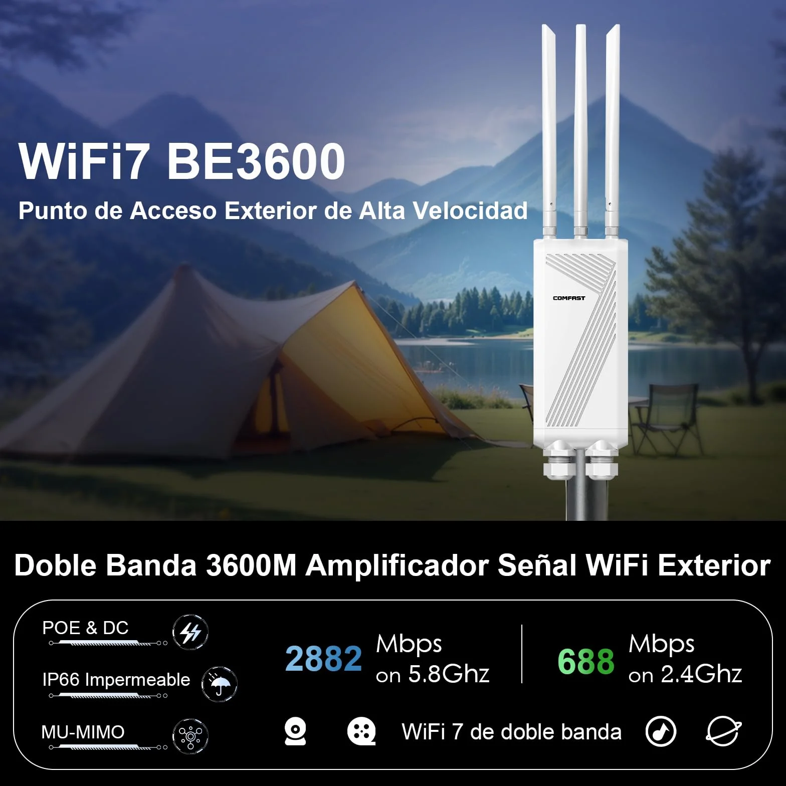 COMFAST BE3600 Amplificador de señal WiFi 7, Punto de Acceso Inalámbrico, Antena WiFi Exterior y Largo Alcance de Alta Potencia, IP66/PoE/3 Antenas para Granjas, Jardines, autocaravanas y campings
