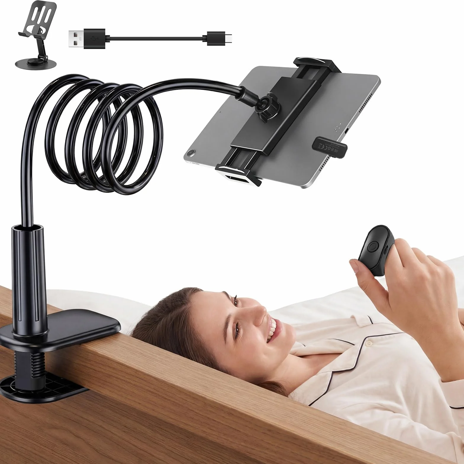 Soporte de Cuello de Cisne con Control Remoto Kindle | Soporte Ajustable para Tableta para Leer en la Cama, Soporte Movil para Kindle Accesorios/iPad/teléfono 5 a 12,9 Pulgadas