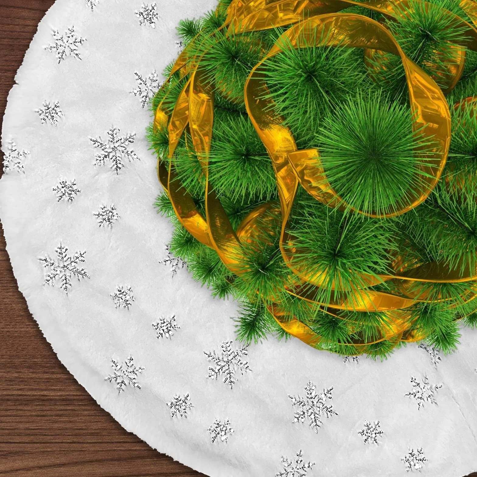 Jsdoin Falda Árbol Navidad 90cm Doble Capa Felpa Blanco Estampado Copo Nieve Plateado Decoración