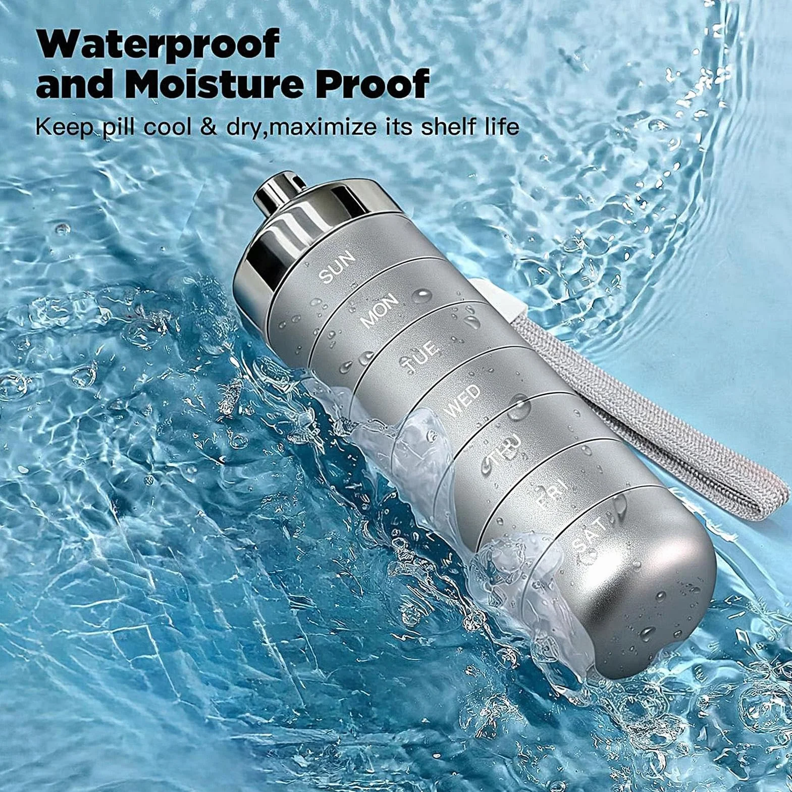 Metal Travel Pill Organizer 14.5x4.5cm Aluminum 7-Day Pillbox Waterproof Large Capacity Weekly Pill Organizer