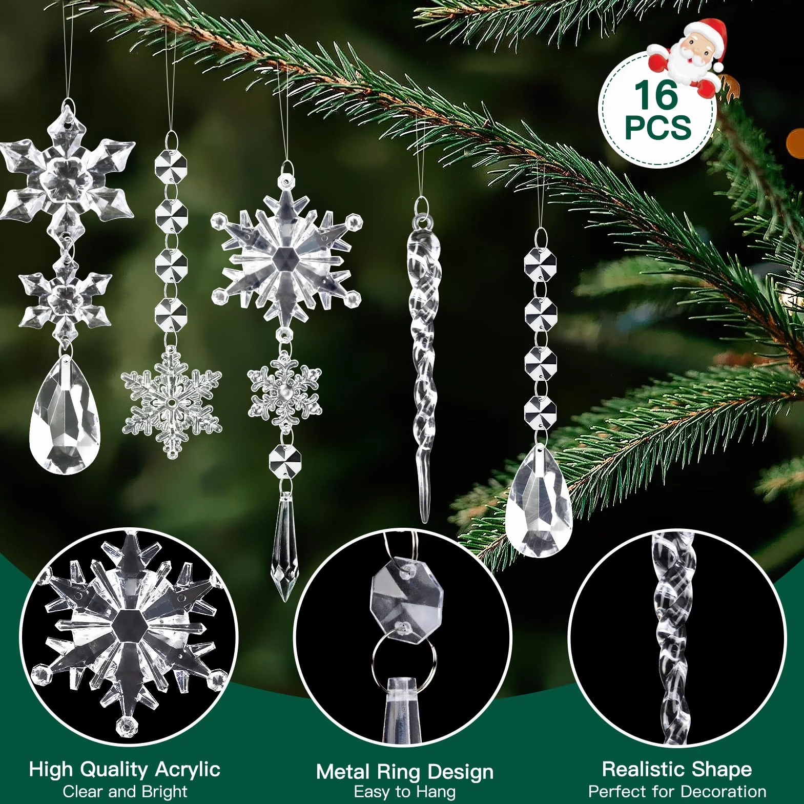Kiiwah 16 Piezas Adornos de Cristal Decoración Árbol Navidad, Gotas Copo Nieve Acrílico Colgante Carámbano Hogar Ventana