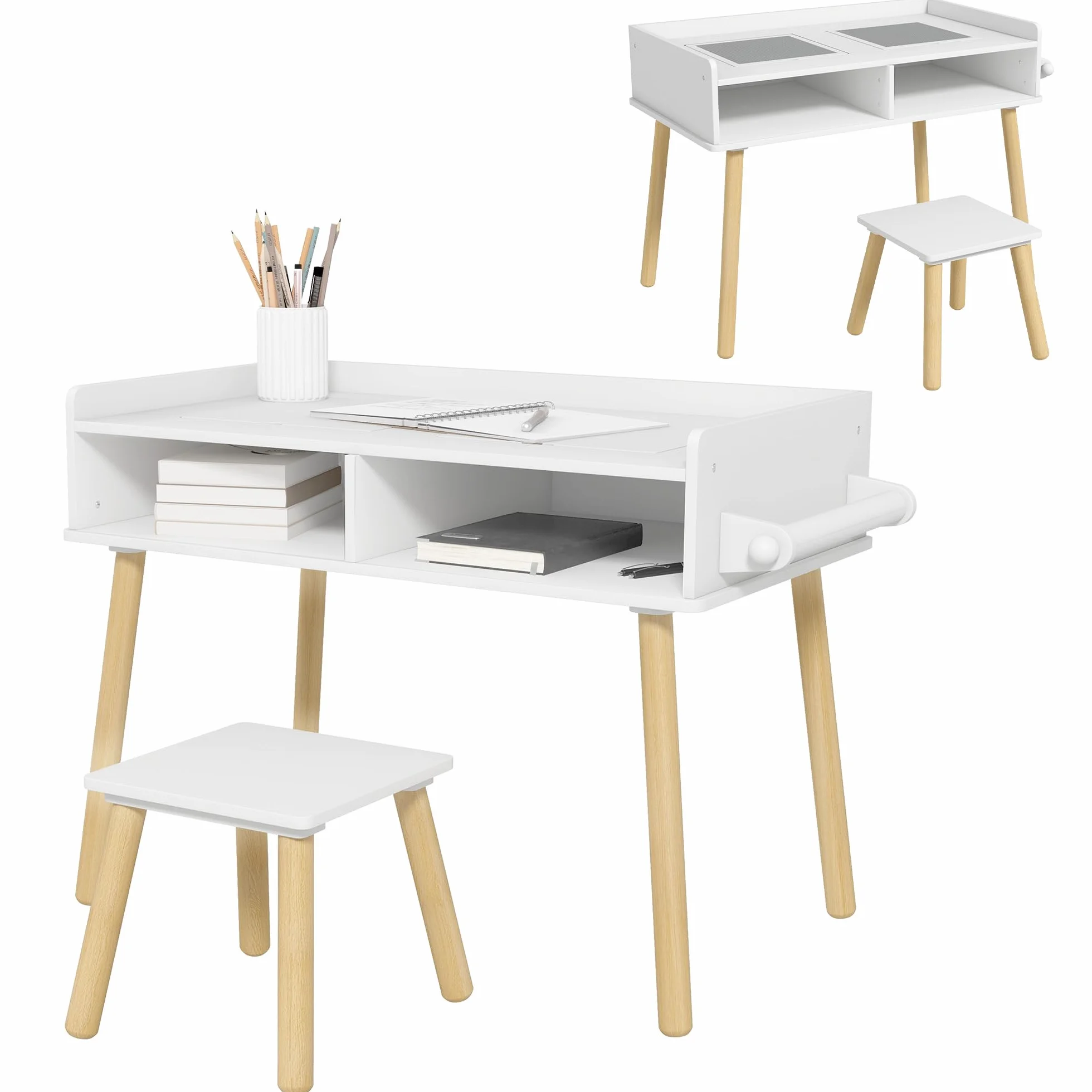 HOMCOM Juego de Mesa y Silla Infantil con Tablero de Bloques y Rollo de Papel Blanco