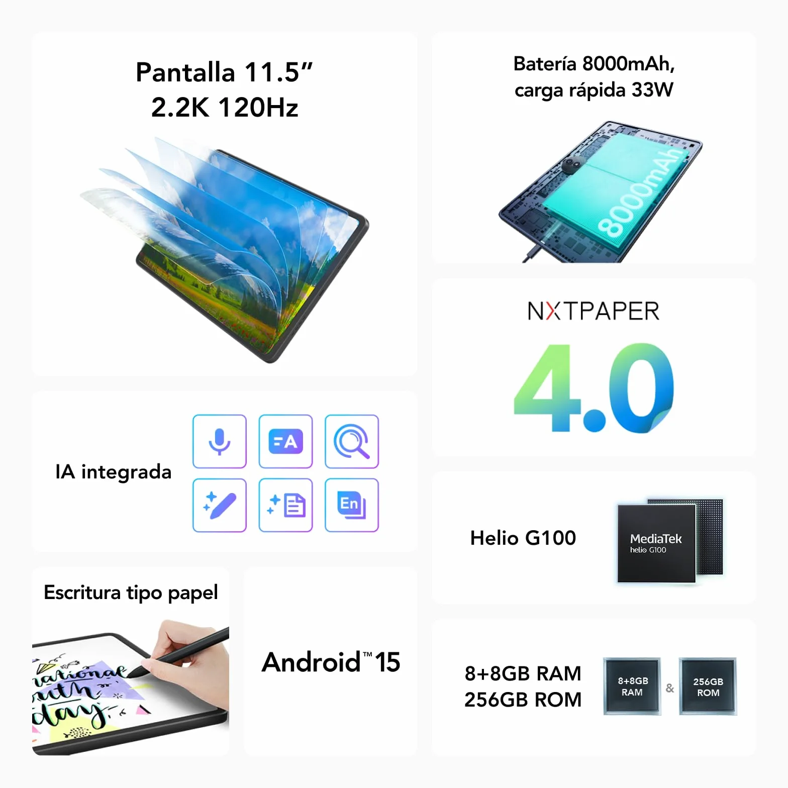 TCL NXTPAPER 11 Plus Tablet, 11.45" 2.2K NXTPAPER 4.0 Display, MediaTek Helio G100, 256GB ROM (8GB + 8GB RAM Expansion), 8MP Cámara Frontal, 8MP Cámara Trasera, Android 15, Gris Oscuro