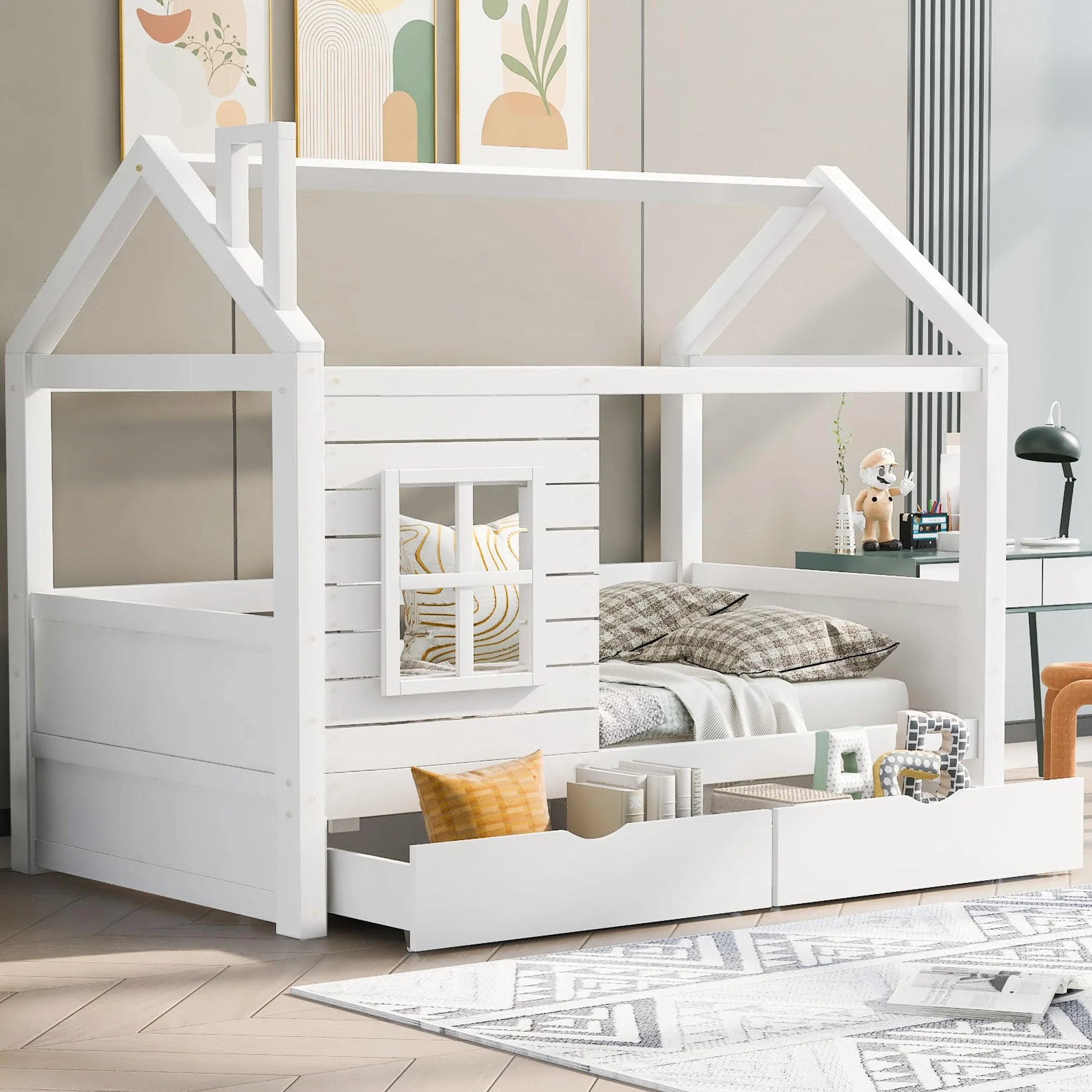 Cama infantil de 90 x 200 cm, con protección anticaídas, versátil, madera maciza, cama con ventana y somier, color blanco