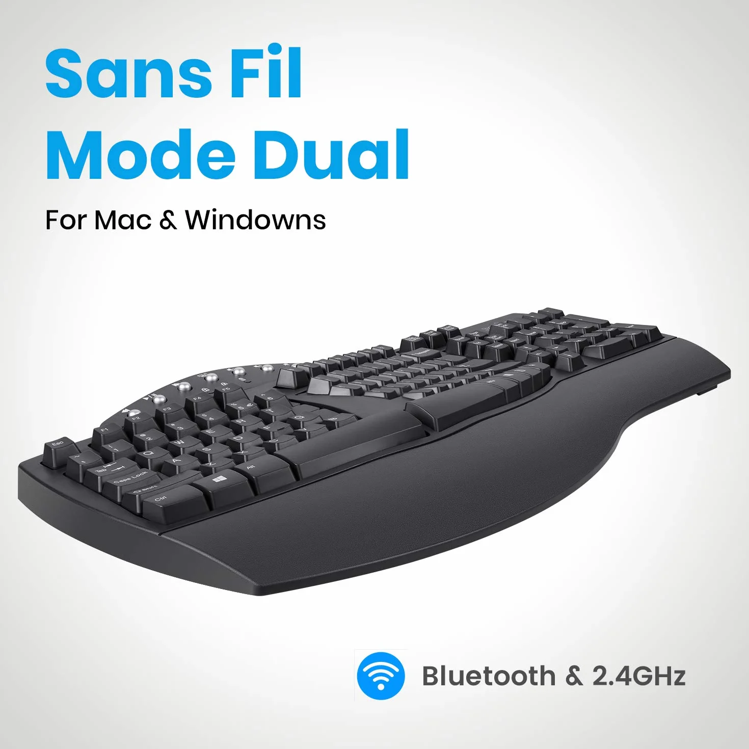 Perixx PERIBOARD-612, gran teclado ergonómico inalámbrico, conexión de 2,4 GHz y Bluetooth 4.0 para Windows y Mac – negro, AZERTY