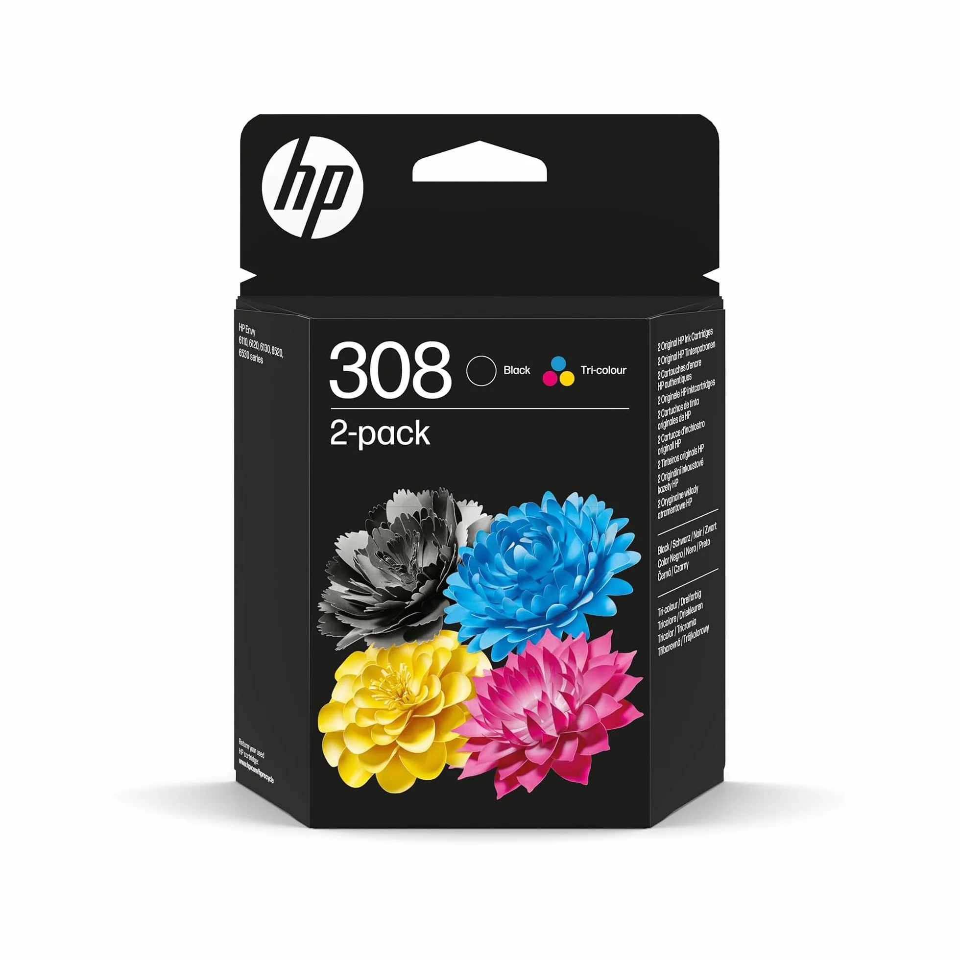 HP 308 Negro y Tricolor Original Cartuchos de Tinta, 2 Paquete, 280 Páginas, Compatible con Envy 6110e, 6120e, 6122e, 6130e, 6132e, 6520e, 6530e, 6532e