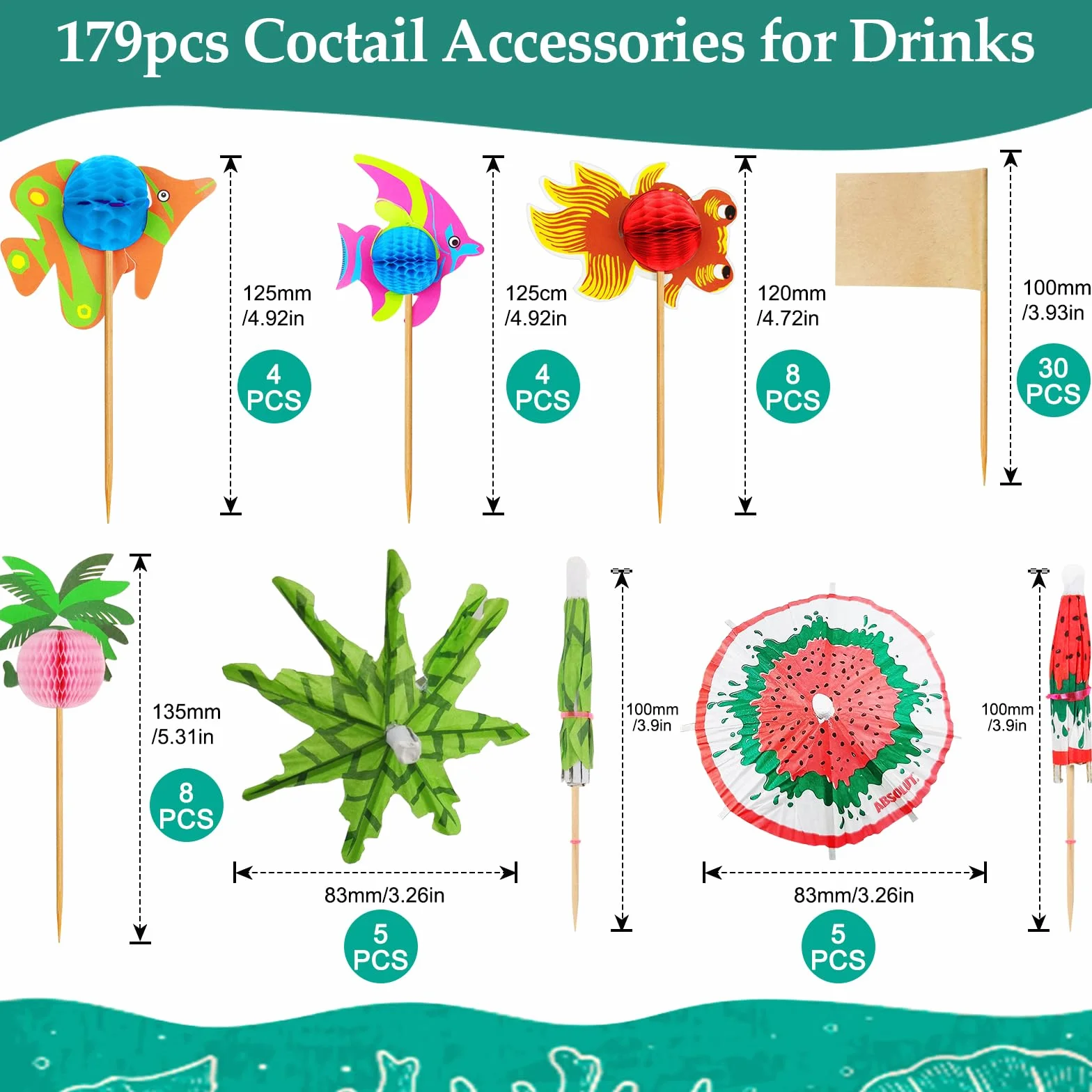Decoración de Cócteles 179 Piezas, Paraguas de Cóctel, Pajitas de Papel, Palitos para Fiestas