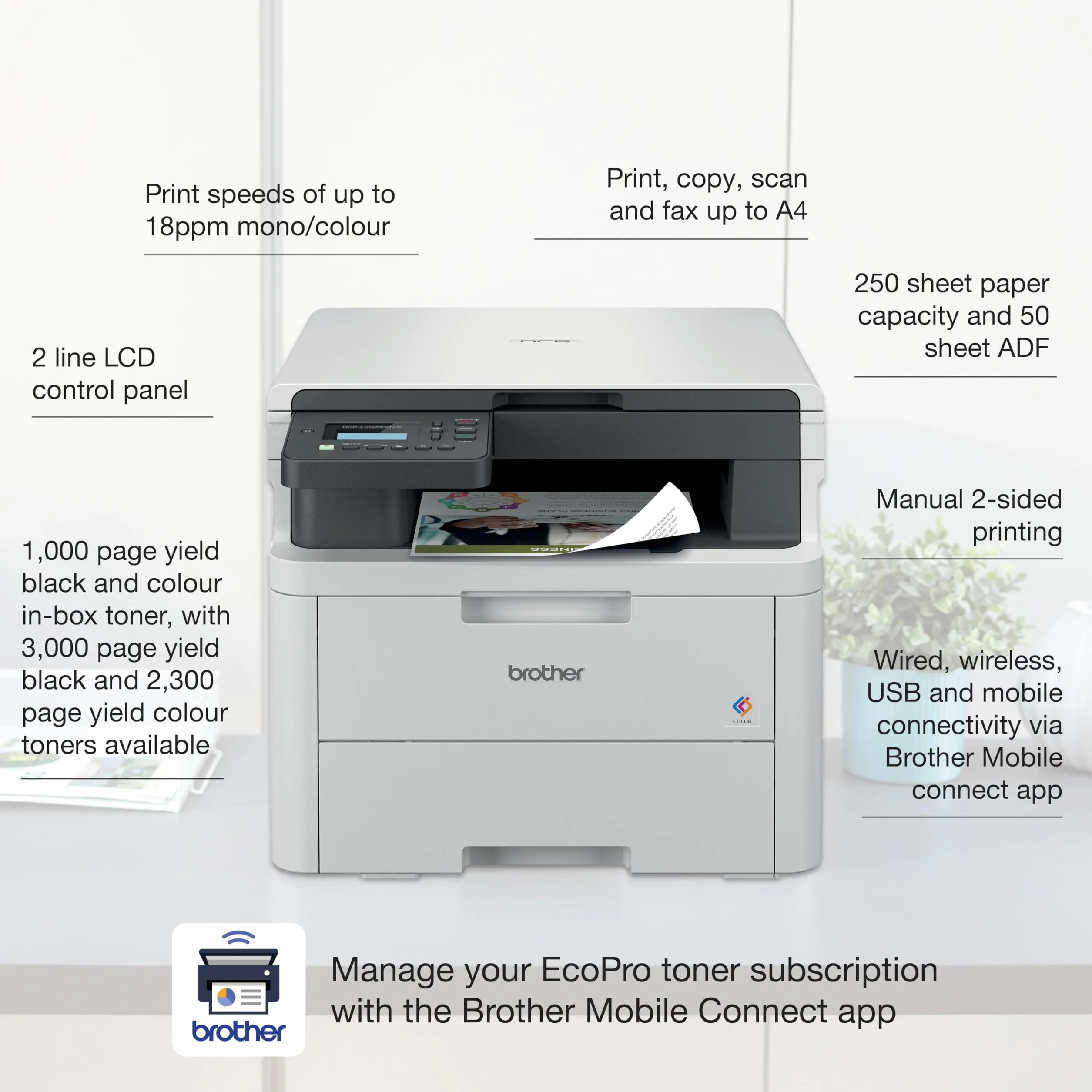 Brother DCP-L3520CDWE - Impresora LED inalámbrica a Color 3 en 1 con suscripción EcoPro, impresión, Copia y escaneo, USB 2.0, A4, Prueba Gratuita de 4 Meses, Entrega automática de tóner, Enchufe del
