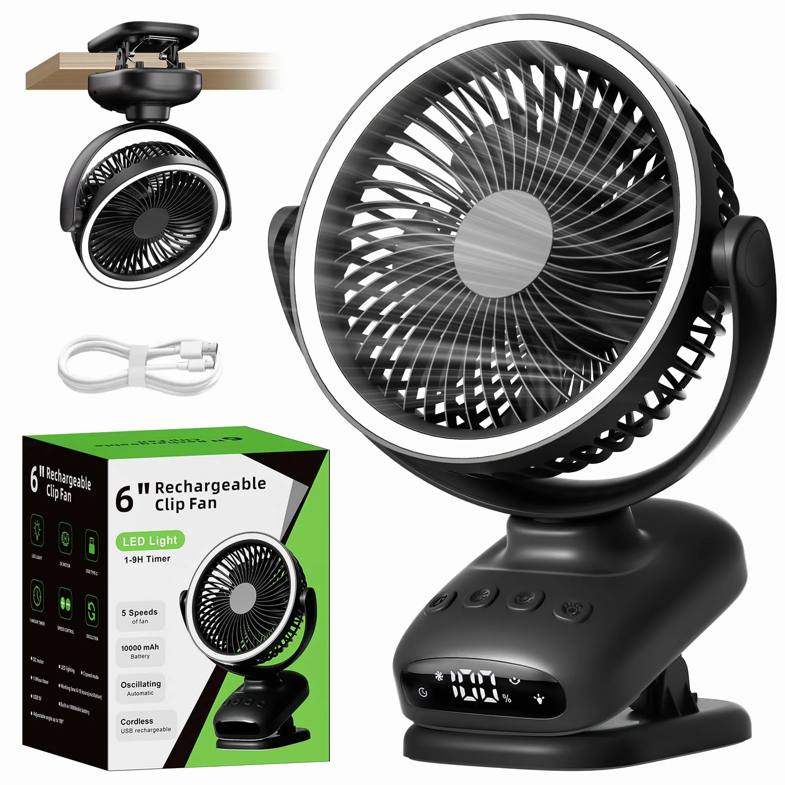 WUQNGI Mini Ventilador Portatil, 10000mAh USB Ventilador Silencioso, Pequeños Ventilador de Mesa con Pinza y Temporizador, Oscilación Automática, Luces LED para Coche Carro Bebe Autocaravana Camping