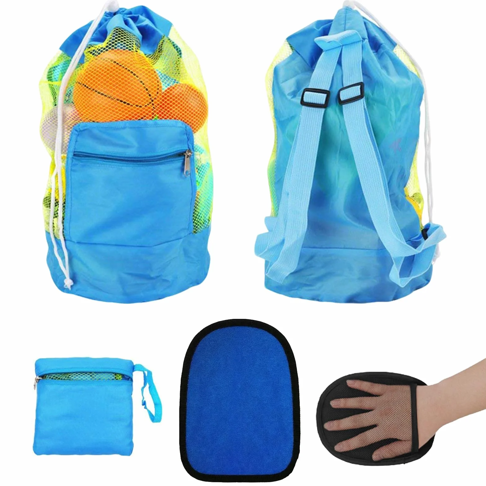 Bolsa de Juguetes Playa de Malla 48 * 24cm Bolsa Plegable de Malla de Playa Azul Incluye 1 Guante Bolsas de Juguetes Plegable Portátil Reutilizable para Niños Guardar Concha