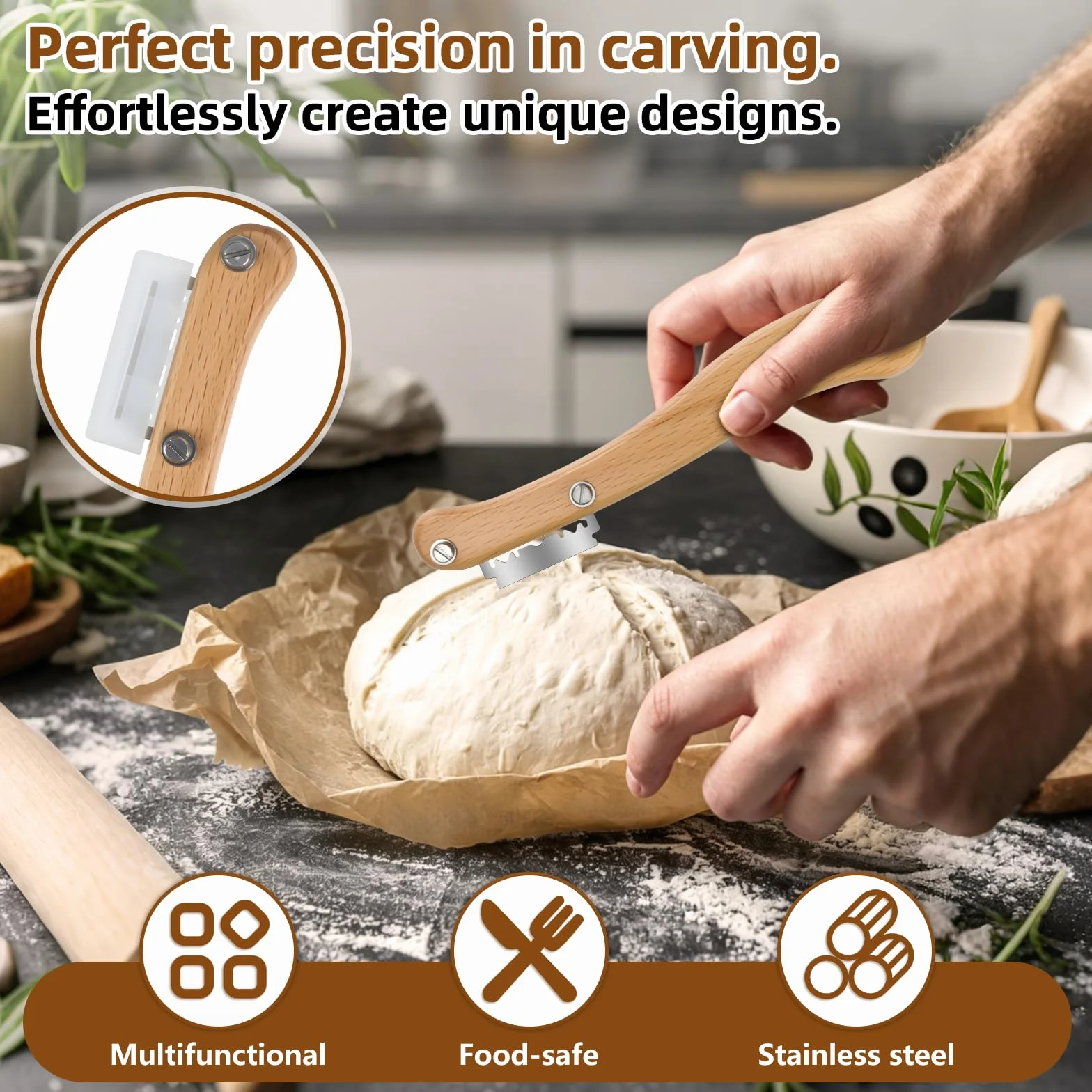 Cuchillo Pan 6 Piezas Cuchilla Panadero con Batidor Danés para Baguettes Masa Pan Casero
