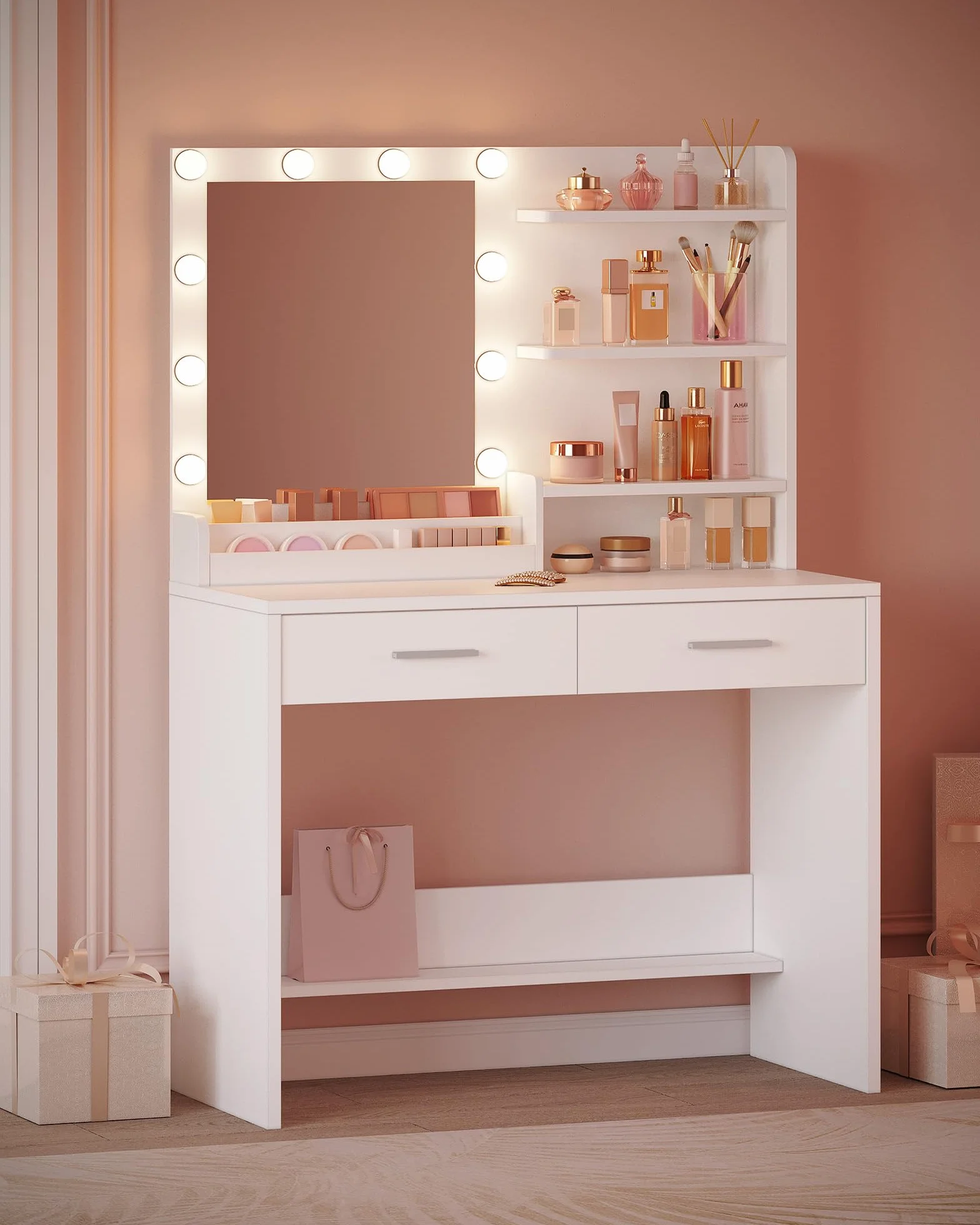 Hzuaneri 90 cm Tocador con Espejo, Maquillaje con Luz, 3 Brillo Ajustable, 2 Cajones, 4 Estantes, 2 Compartimentos, Moderno, Blanco