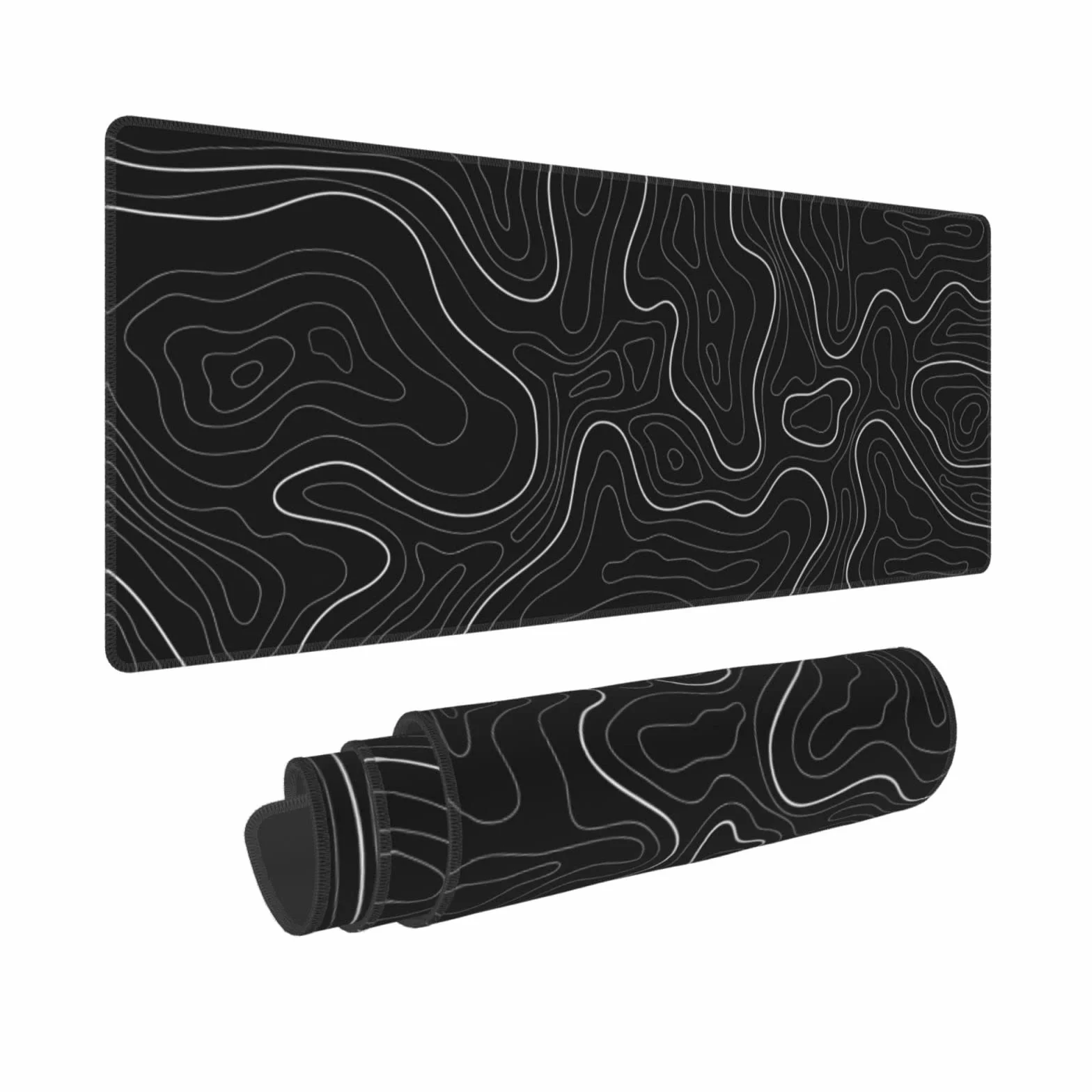 Alfombrilla de mouse negra con mapa topográfico abstracto, alfombrilla de mouse grande XXL para teclado con base de goma antideslizante, bordes cosidos, alfombrilla de escritorio para juegos y oficina