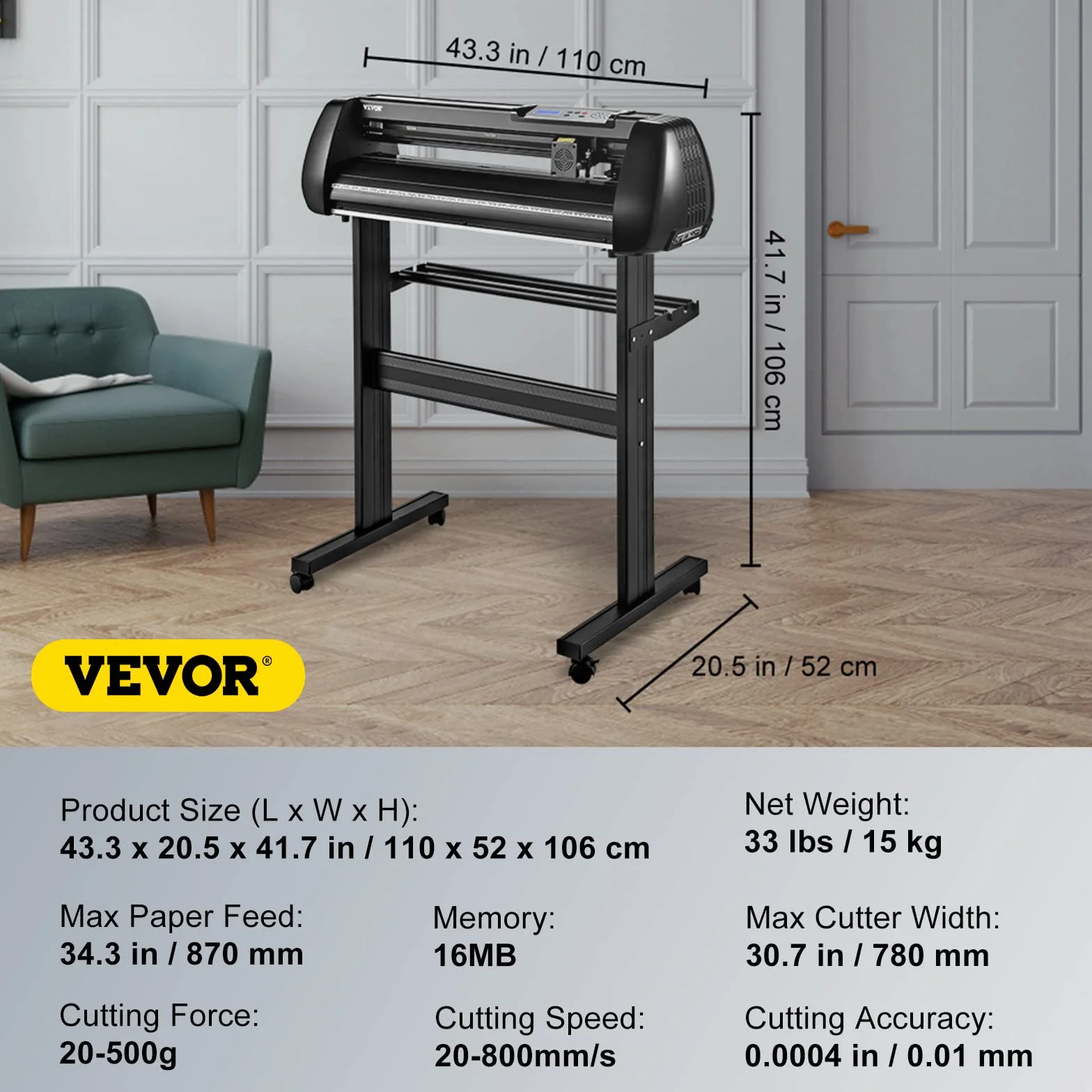 VEVOR Máquina cortadora de vinilo, máquina trazadora de corte Bluetooth sin conexión de 34 pulgadas, eje de rodillo de acero de 400 pulgadas/32.8 ft, fuerza de velocidad ajustable, herramienta de soft