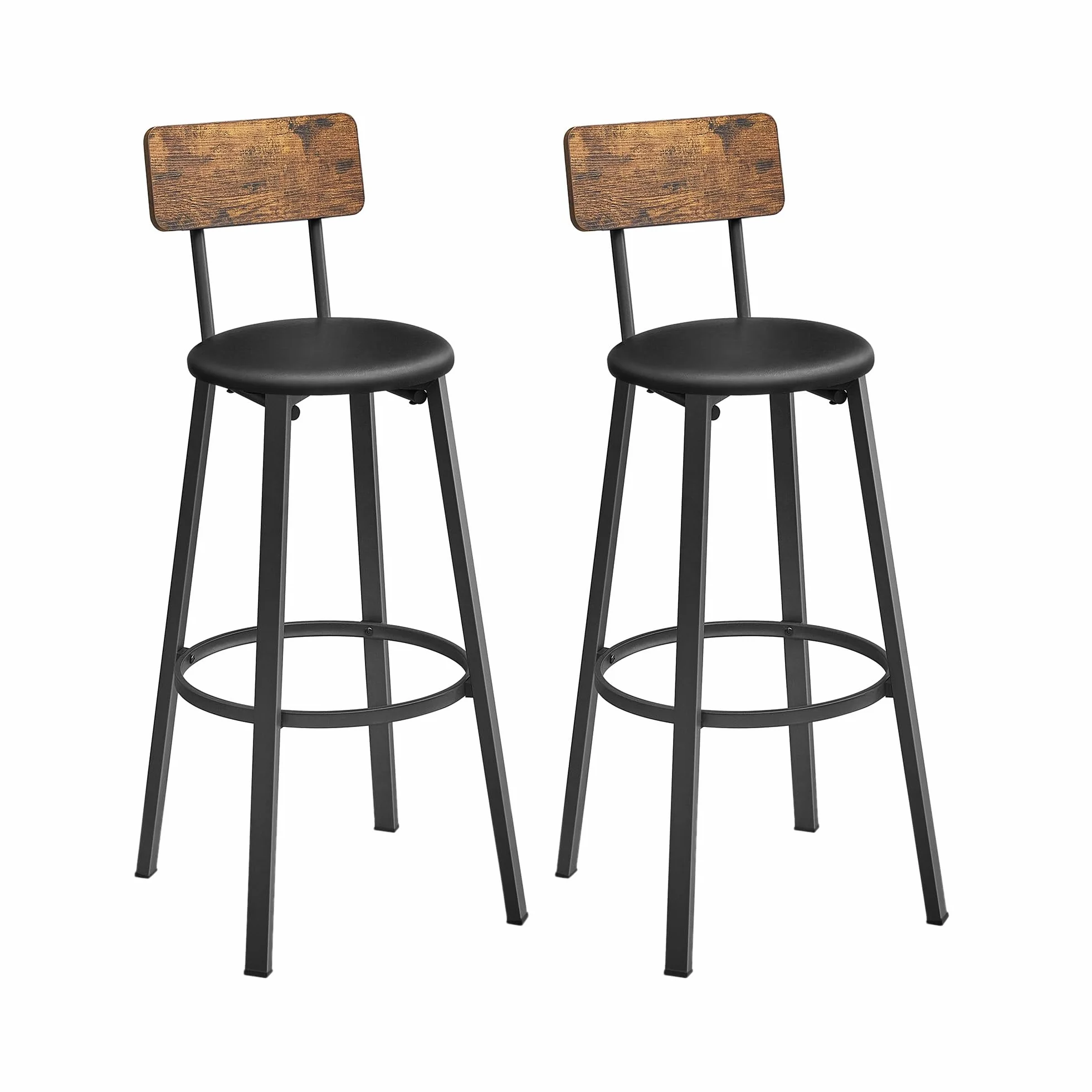 VASAGLE Taburetes de Bar Juego de 2 Tapizados de PU con Reposapiés Marrón Rústico y Negro Tinta