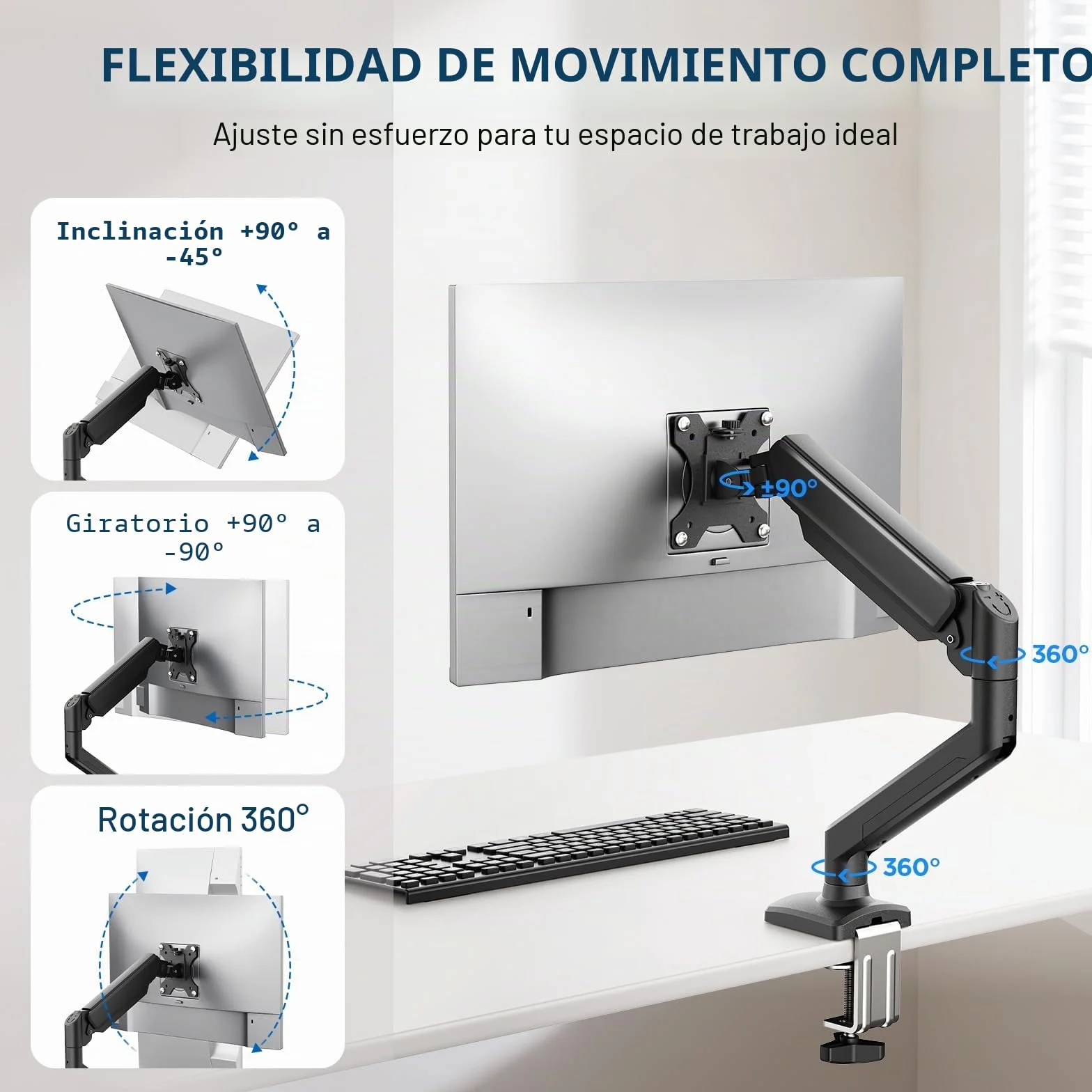 GRIFEMA GB2003-1 Soporte de Monitor con Resorte de Gas para Pantalla de Computadora de 13-32 Pulgadas, Altura Ajustable, VESA 75x75/100x100, Peso 2-9 kg, Negro